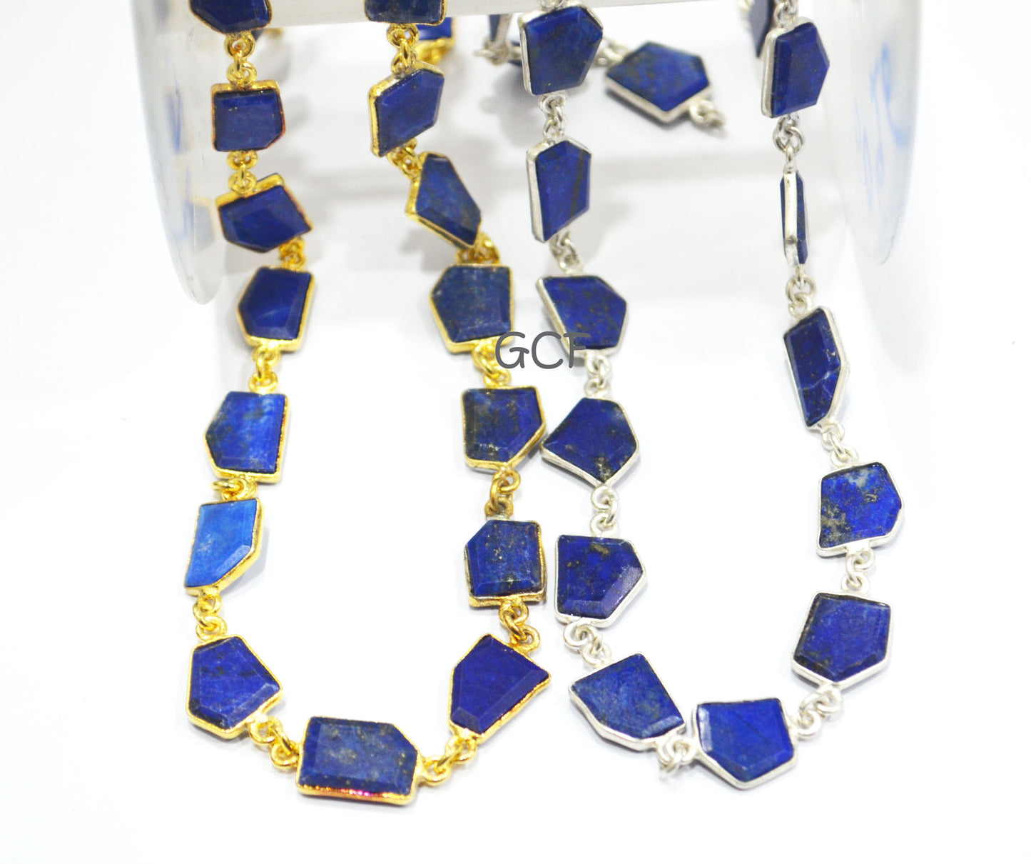 Lapis Lazuli Crown Cut Tablets Connector Chain , Lapis Lazuli Fancy Cut Flat Tablets Bezel Link Chain , 5x9 - 12x15 mm , 6936