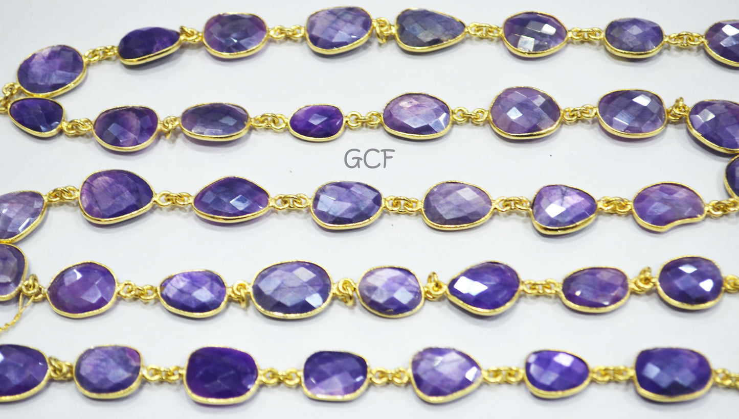 Mystic Purple Color Moonstone Faceted Slice Connector Chain , Mystic Purple Stone Bezel Link Chain , 8x12 - 12x16 mm , 6937