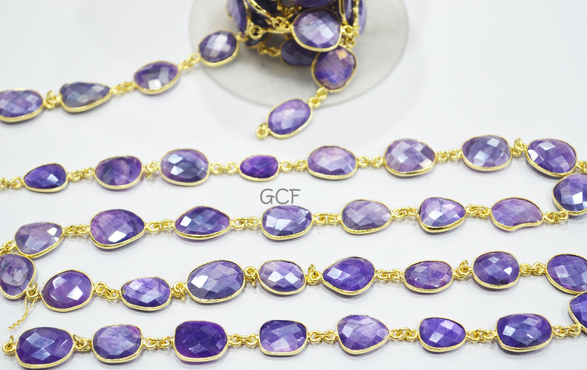 Mystic Purple Color Moonstone Faceted Slice Connector Chain , Mystic Purple Stone Bezel Link Chain , 8x12 - 12x16 mm , 6937