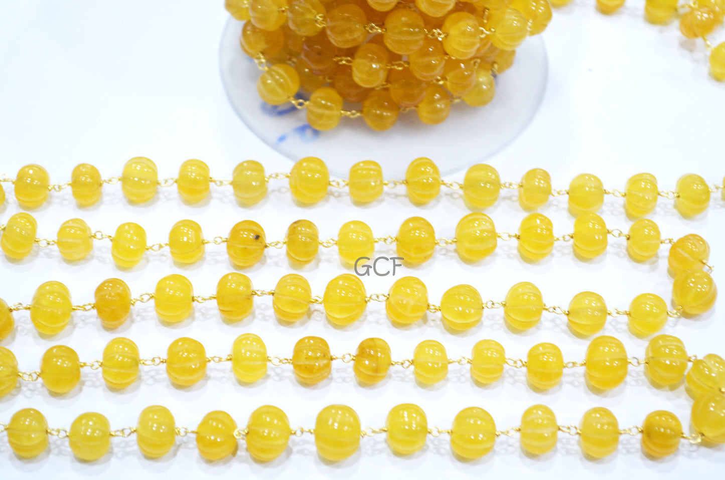 Yellow Sapphire Natural Quartz Carved Melon Rosary Beaded Chain , Yellow Colored Quartz Wire Wrapped Chain , 10 - 12 mm ,6979
