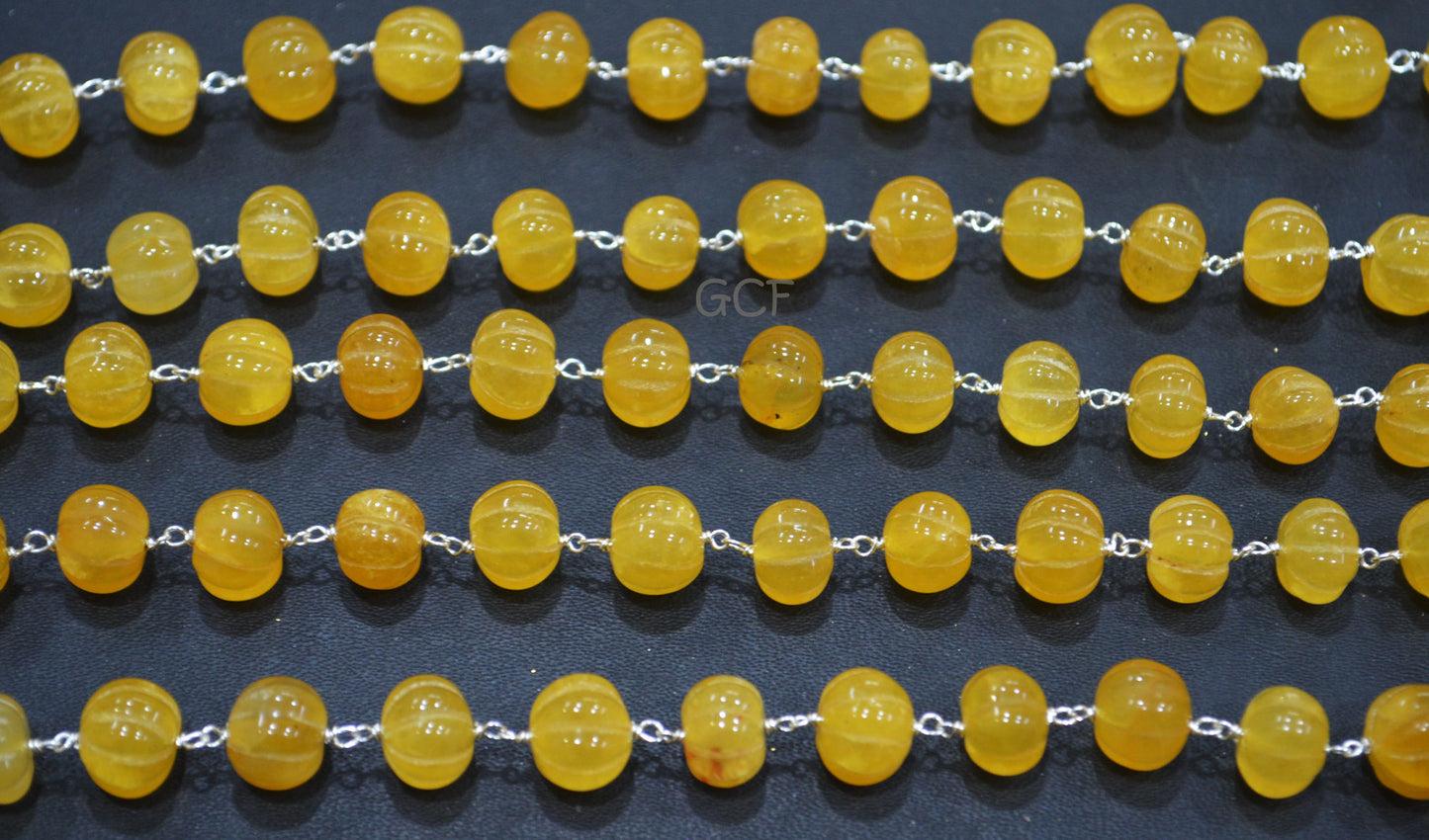 Yellow Sapphire Natural Quartz Carved Melon Rosary Beaded Chain , Yellow Colored Quartz Wire Wrapped Chain , 10 - 12 mm ,6979