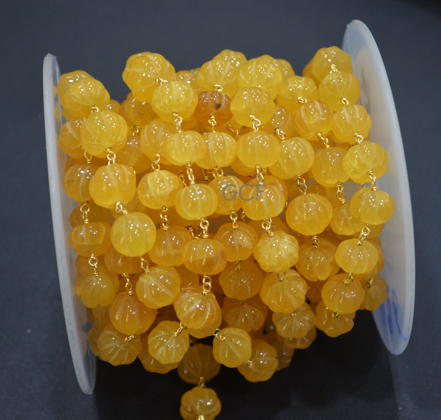 Yellow Sapphire Natural Quartz Carved Melon Rosary Beaded Chain , Yellow Colored Quartz Wire Wrapped Chain , 10 - 12 mm ,6979