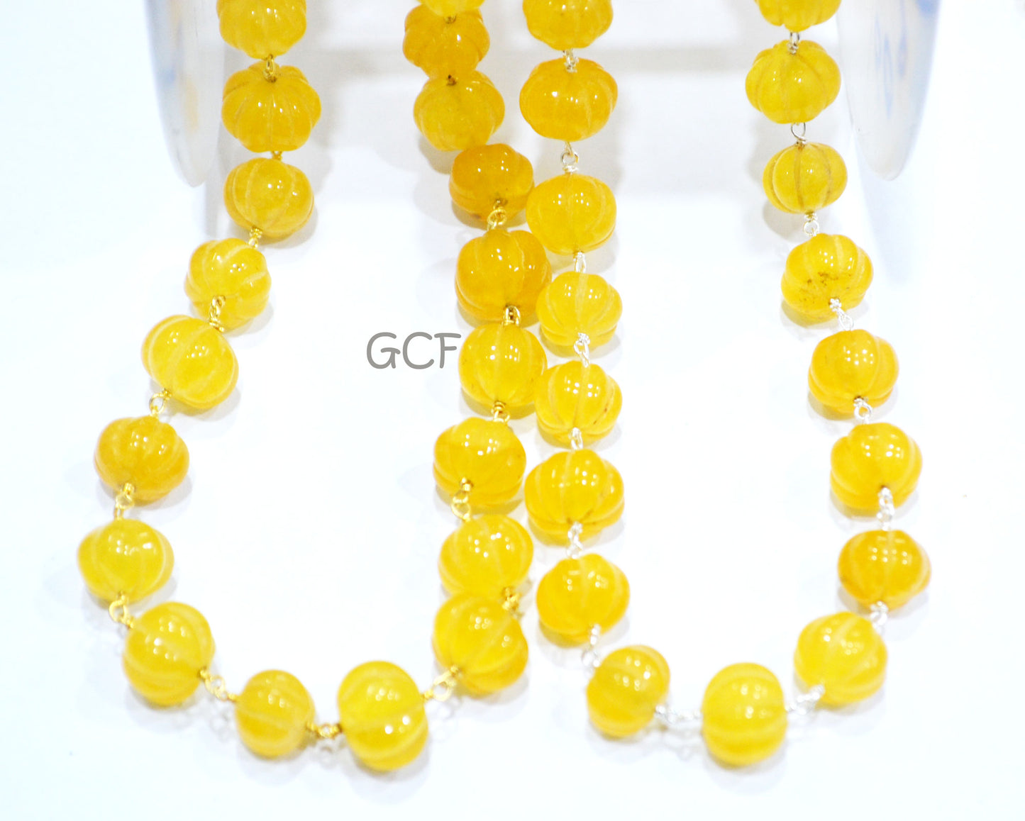 Yellow Sapphire Natural Quartz Carved Melon Rosary Beaded Chain , Yellow Colored Quartz Wire Wrapped Chain , 10 - 12 mm ,6979