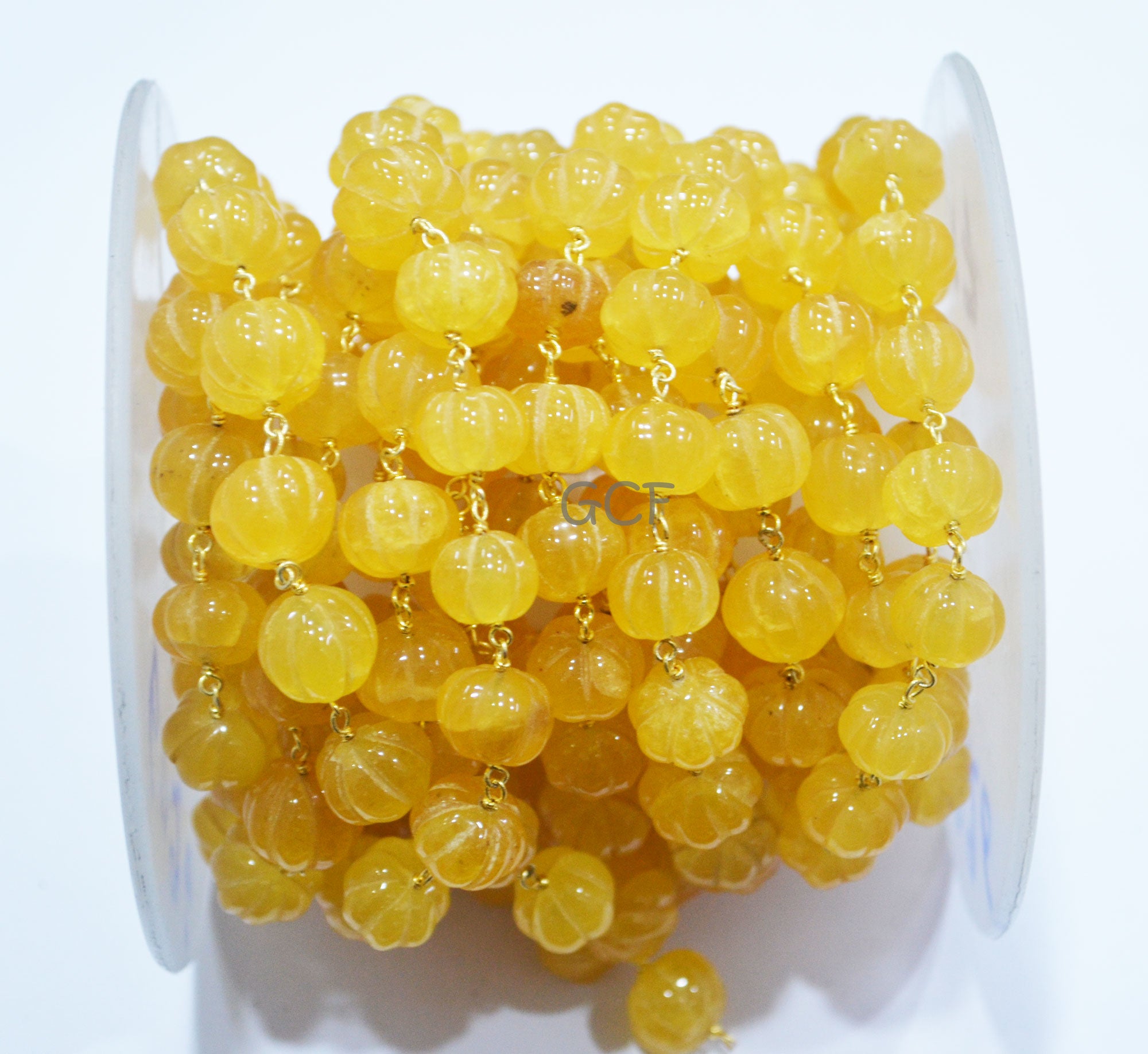 Yellow Sapphire Natural Quartz Carved Melon Rosary Beaded Chain , Yellow Colored Quartz Wire Wrapped Chain , 10 - 12 mm ,6979