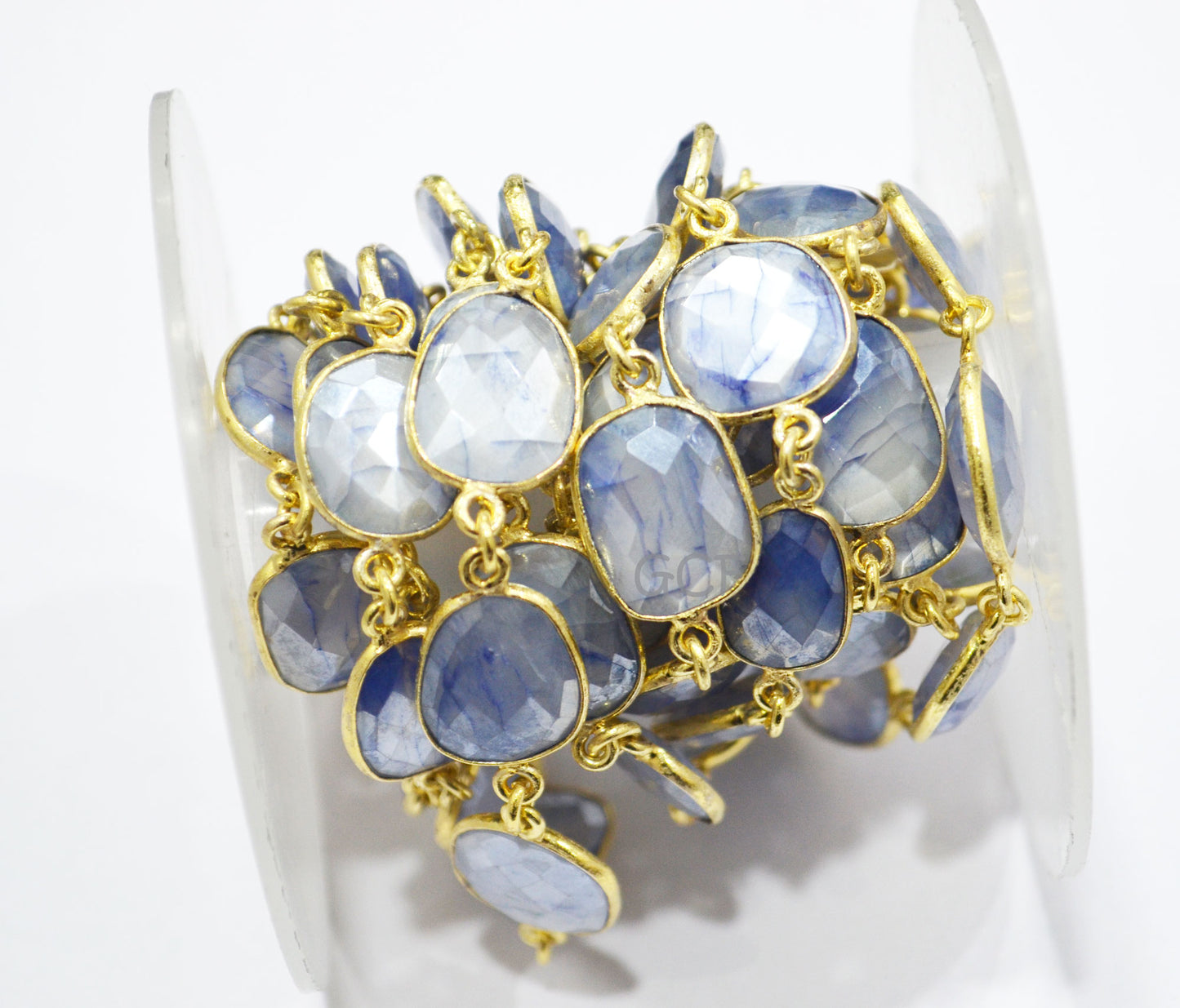 Silverstein Sapphire Color Moonstone Faceted Connector Chain,Sapphire Color Moonstone Free Form Chain,Sold By Foot,10x13 - 14x16 mm ,RB-6984
