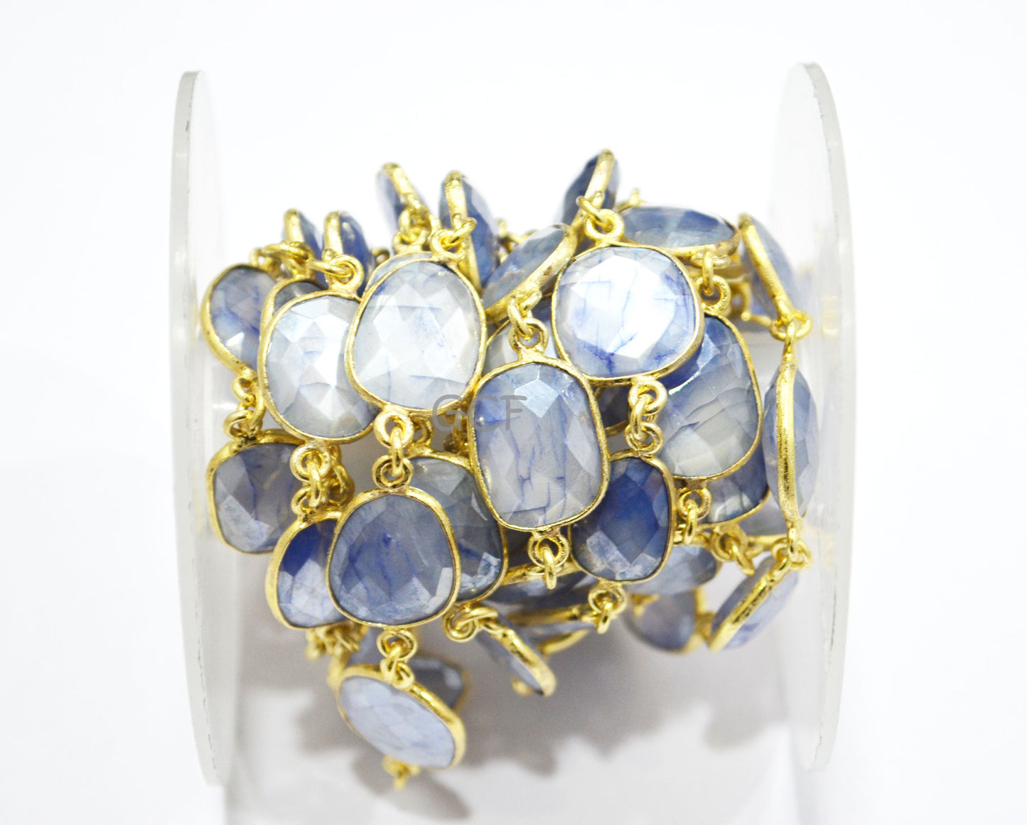Silverstein Sapphire Color Moonstone Faceted Connector Chain,Sapphire Color Moonstone Free Form Chain,Sold By Foot,10x13 - 14x16 mm ,RB-6984