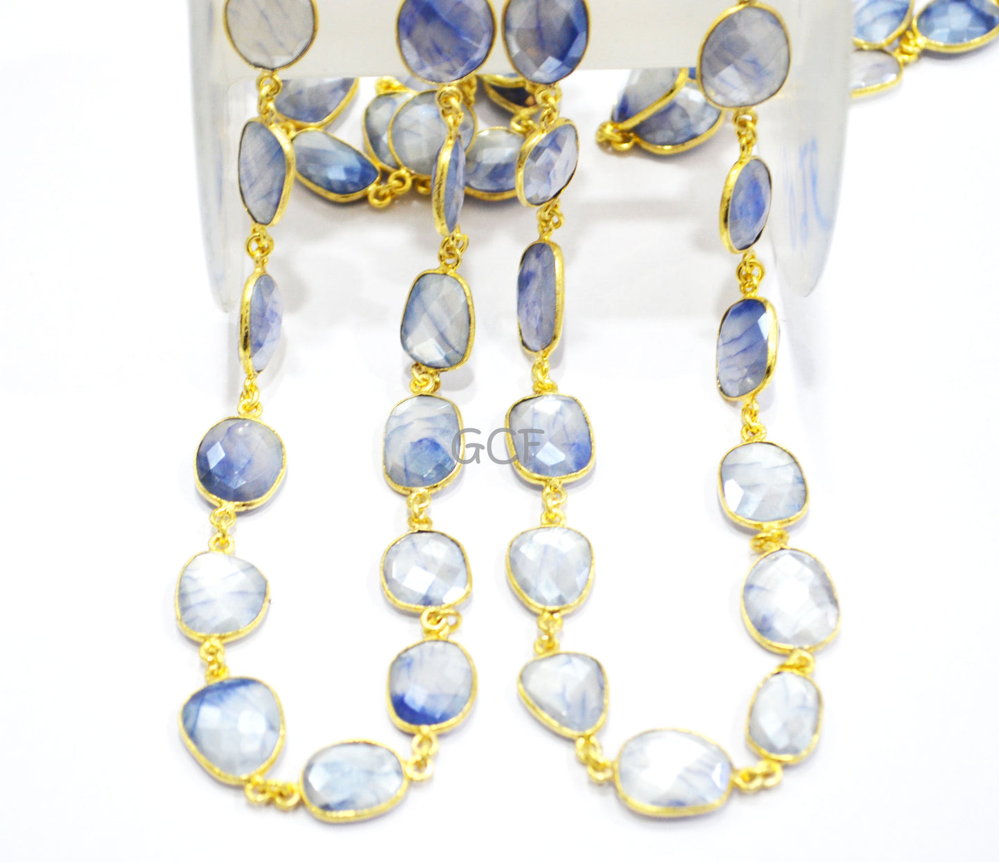 Silverstein Sapphire Color Moonstone Faceted Connector Chain,Sapphire Color Moonstone Free Form Chain,Sold By Foot,10x13 - 14x16 mm ,RB-6984
