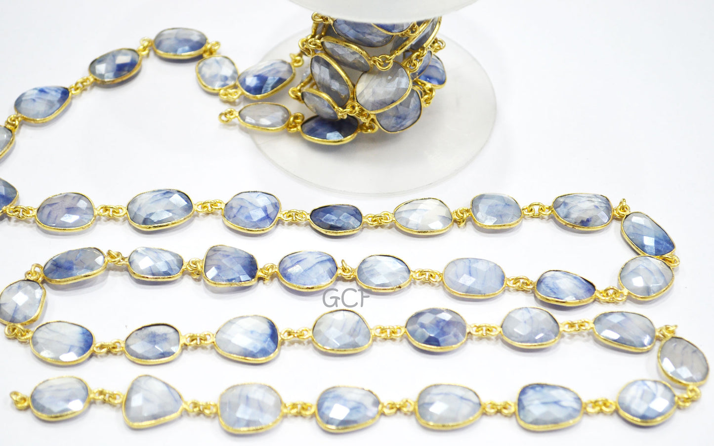 Silverstein Sapphire Color Moonstone Faceted Connector Chain,Sapphire Color Moonstone Free Form Chain,Sold By Foot,10x13 - 14x16 mm ,RB-6984