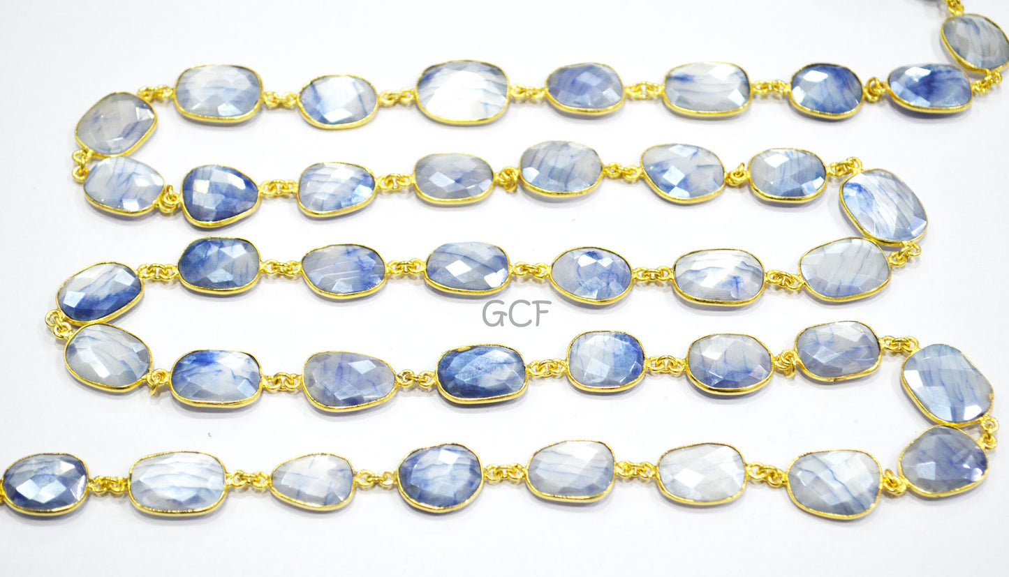 Silverstein Sapphire Color Moonstone Faceted Connector Chain,Sapphire Color Moonstone Free Form Chain,Sold By Foot,14x16 - 16x20 mm ,RB-6985