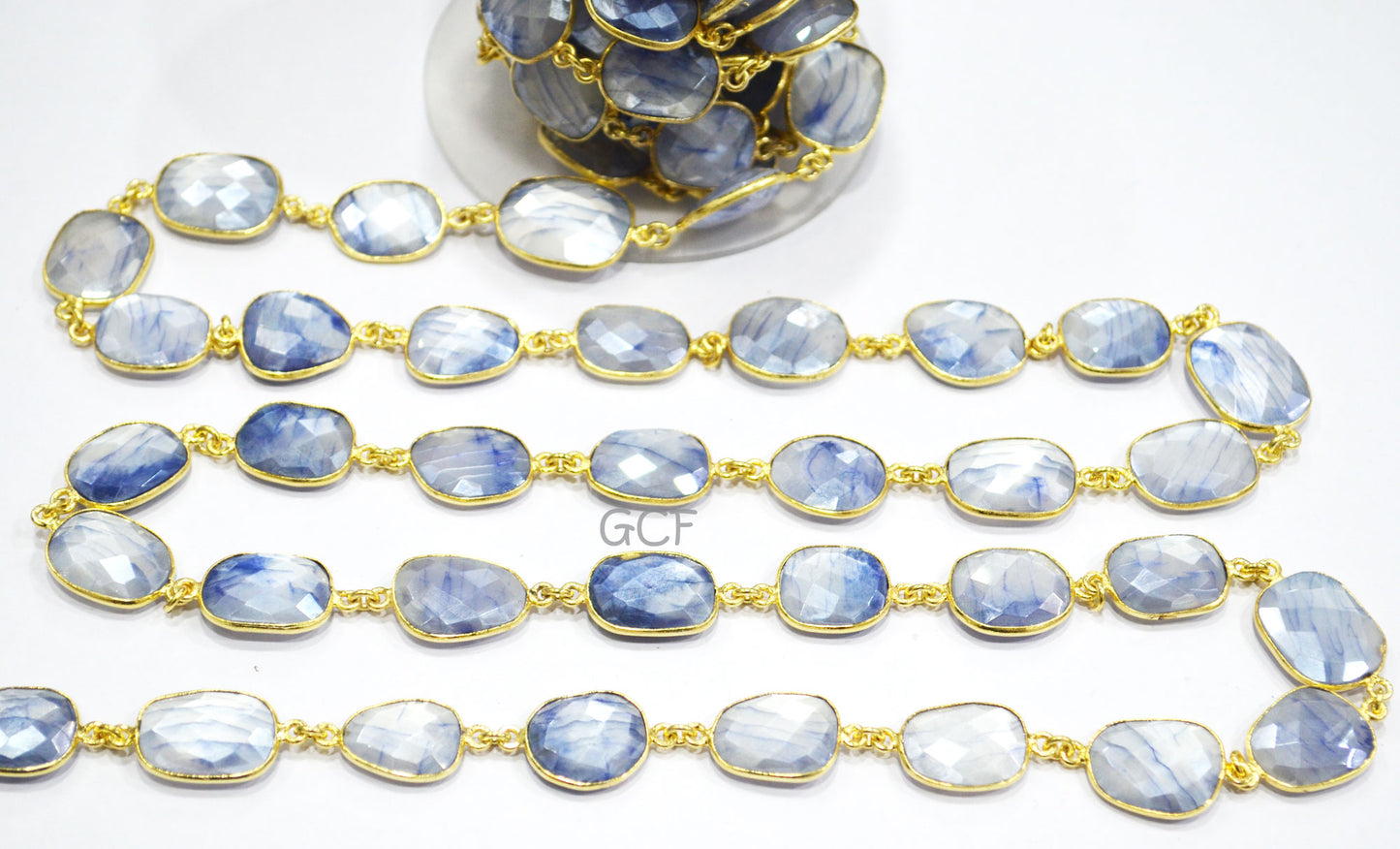 Silverstein Sapphire Color Moonstone Faceted Connector Chain,Sapphire Color Moonstone Free Form Chain,Sold By Foot,14x16 - 16x20 mm ,RB-6985