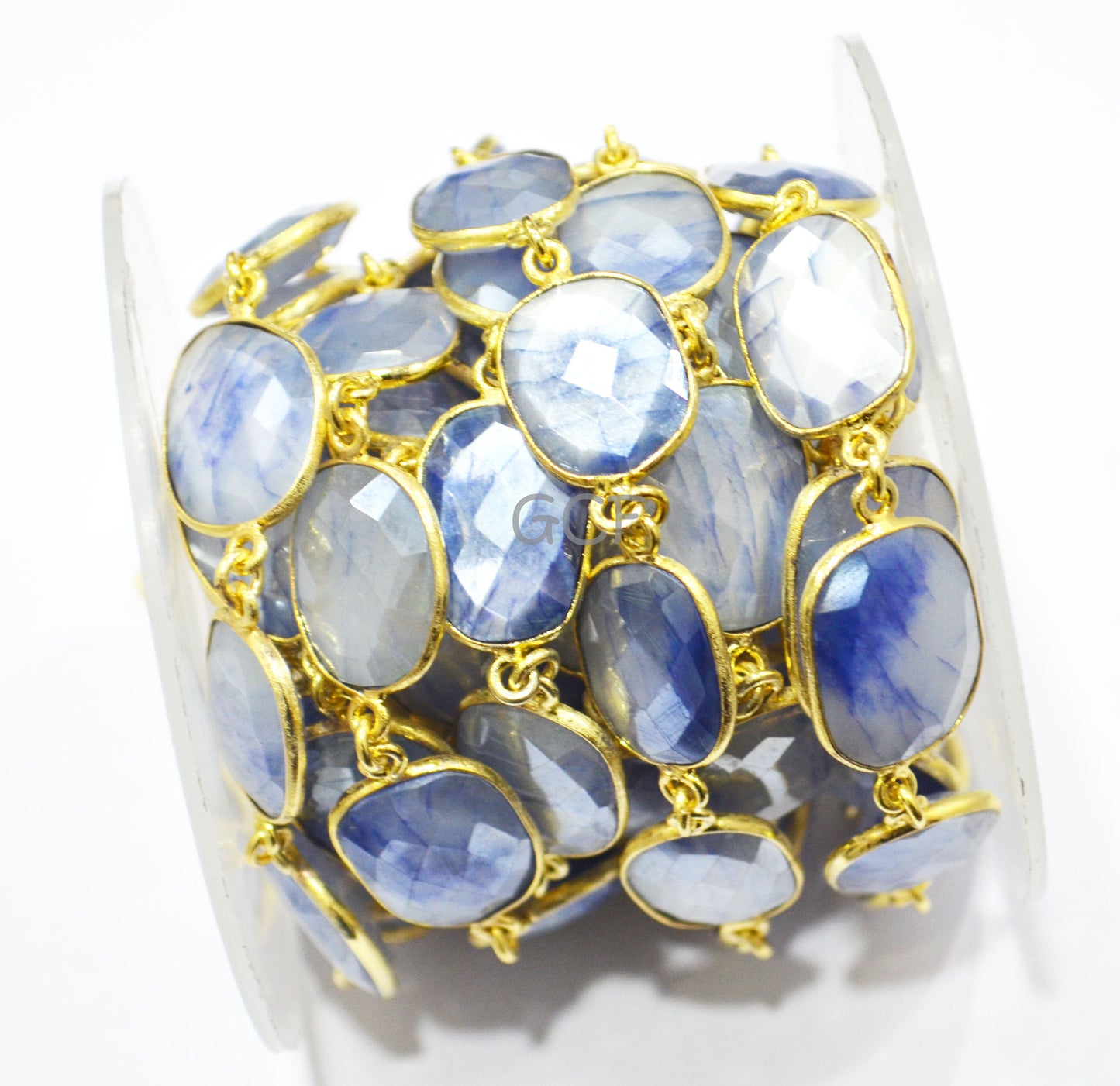 Silverstein Sapphire Color Moonstone Faceted Connector Chain,Sapphire Color Moonstone Free Form Chain,Sold By Foot,14x16 - 16x20 mm ,RB-6985