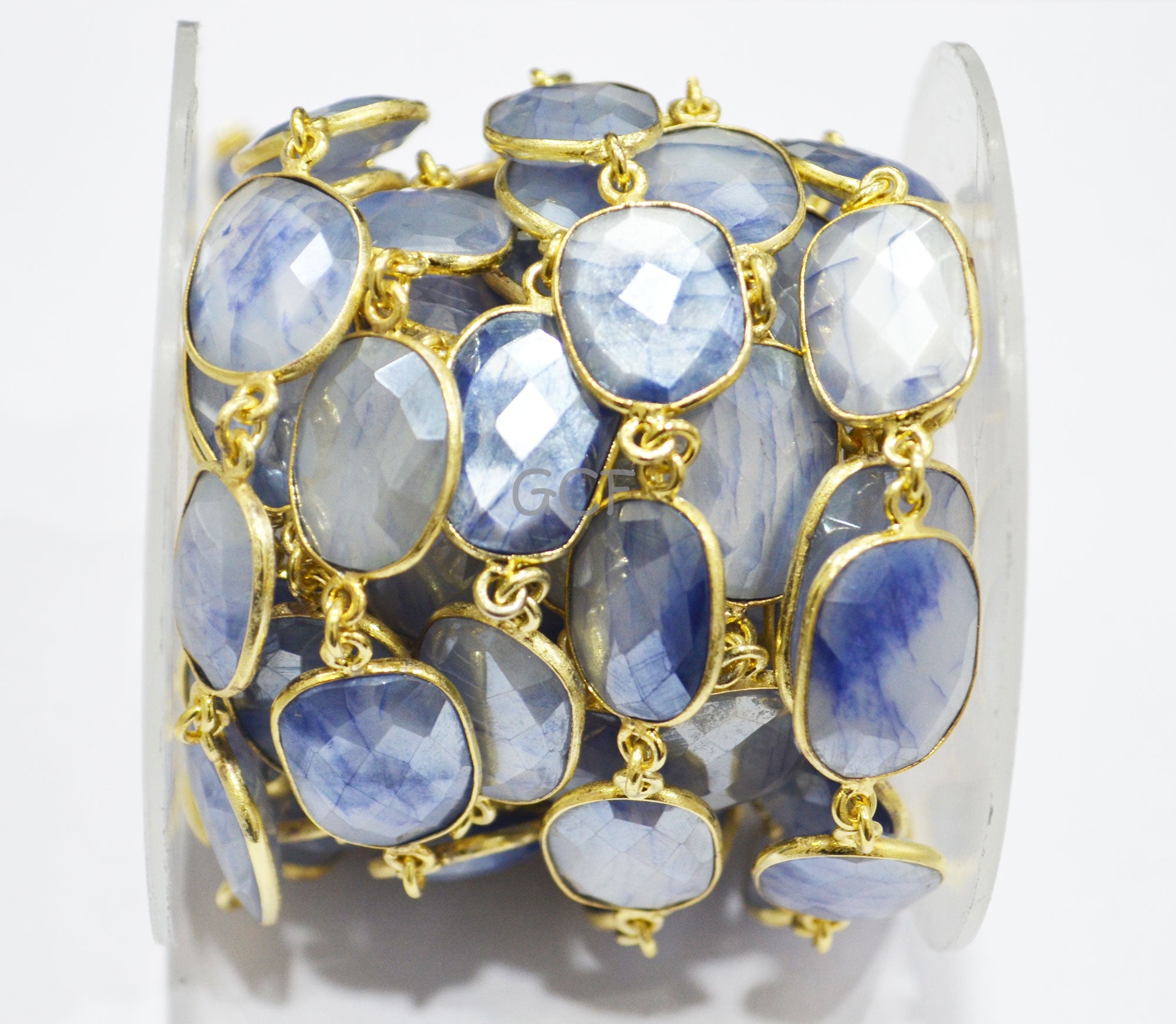 Silverstein Sapphire Color Moonstone Faceted Connector Chain,Sapphire Color Moonstone Free Form Chain,Sold By Foot,14x16 - 16x20 mm ,RB-6985