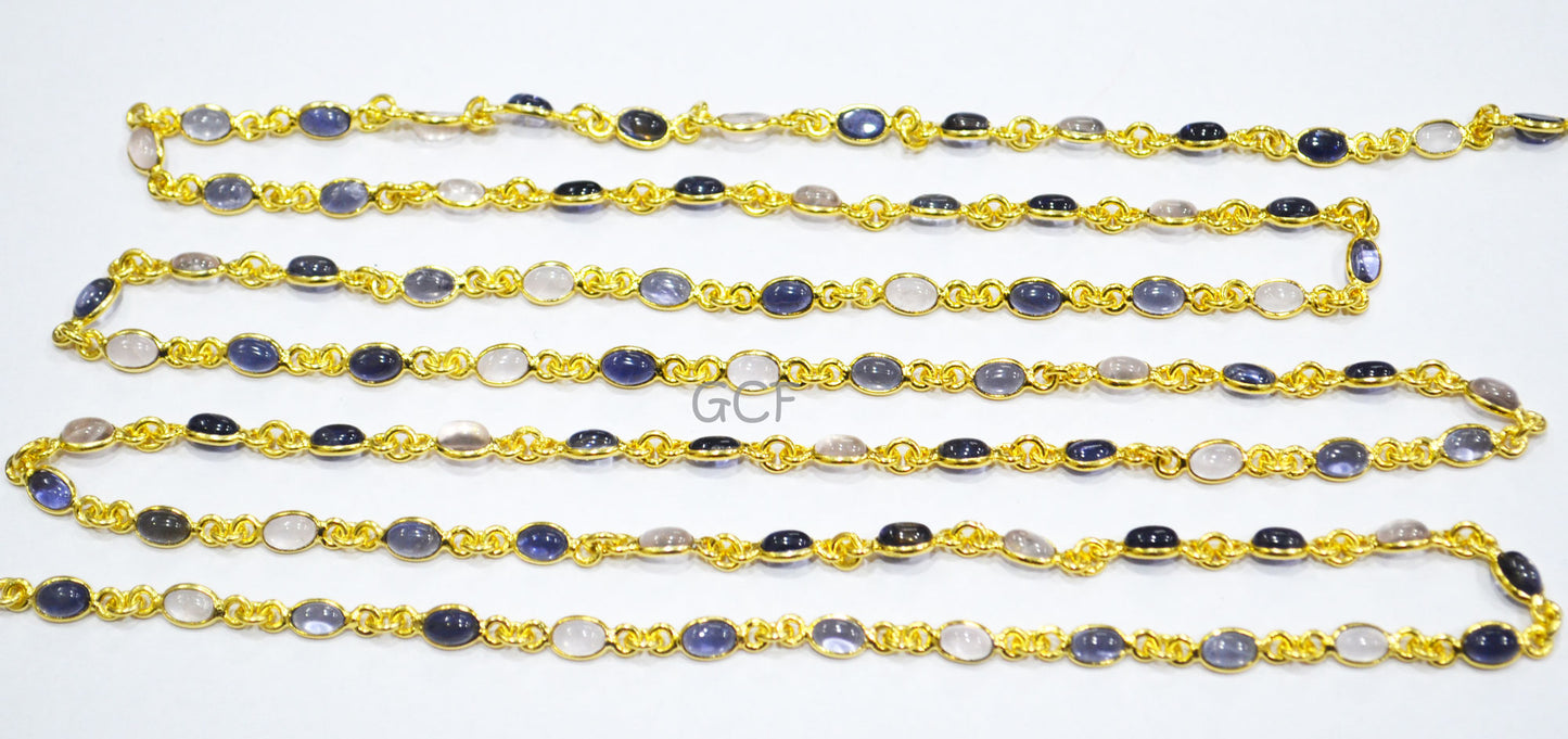 Rose Quartz And Iolite Smooth Connector Chain , Rose Quartz And Iolite Oval Shape Bezel Link Chain , 5x6 mm , RB-6986