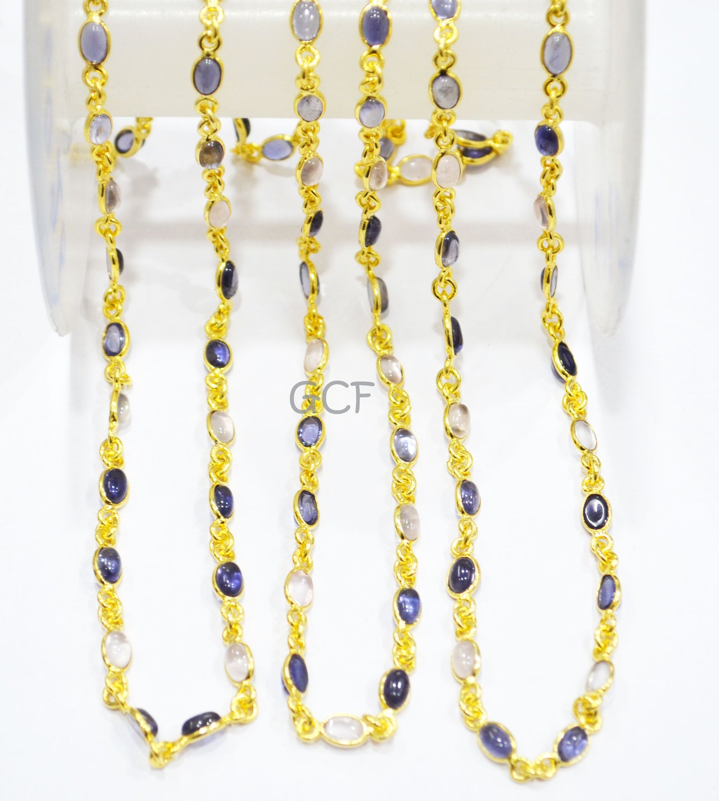 Rose Quartz And Iolite Smooth Connector Chain , Rose Quartz And Iolite Oval Shape Bezel Link Chain , 5x6 mm , RB-6986