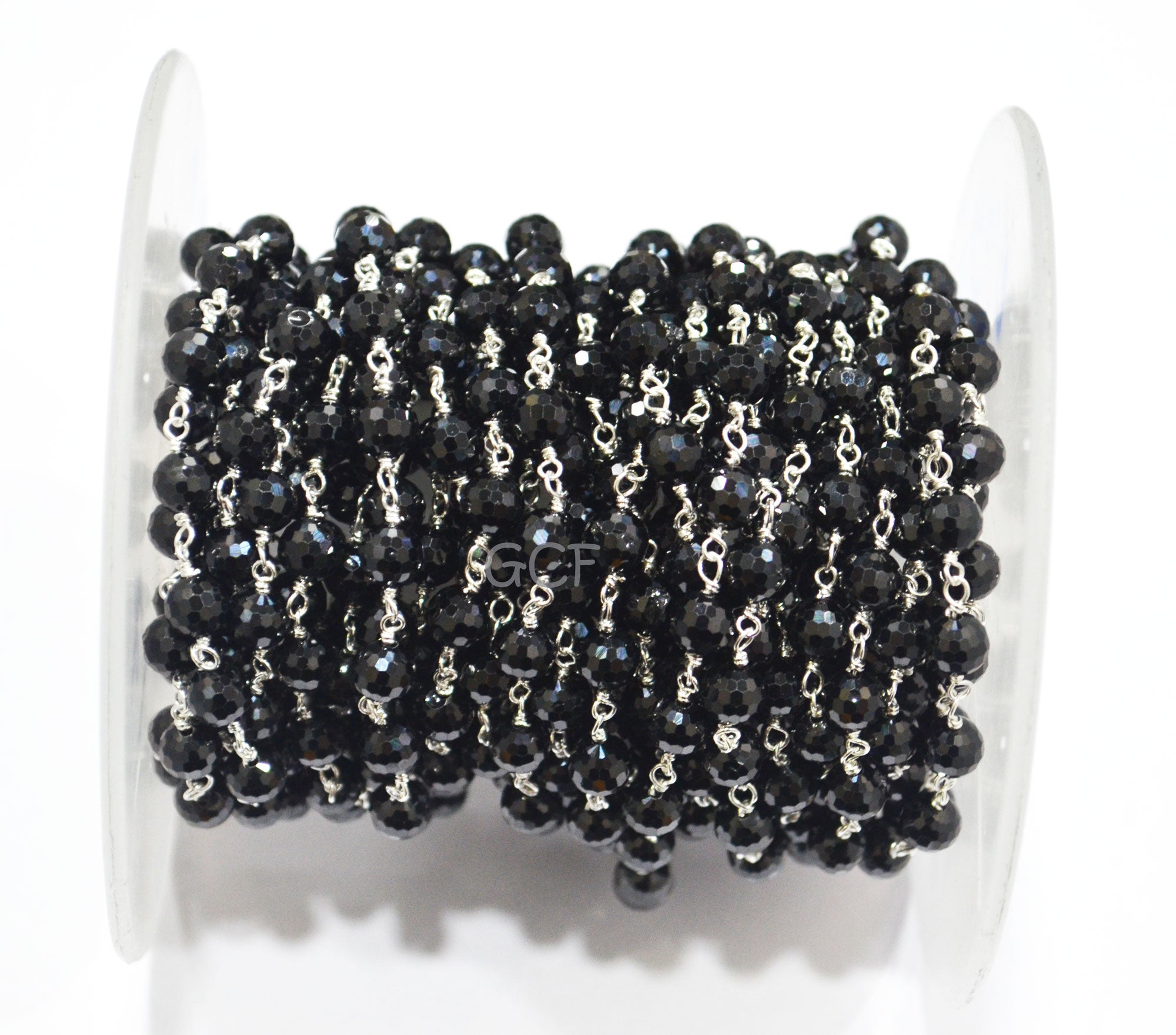 Black Spinel Rosary Beaded Chain , Black Spinel , Black Diamond Look Football Cutting Wire Wrapped Chain , 6 mm , RB-6988