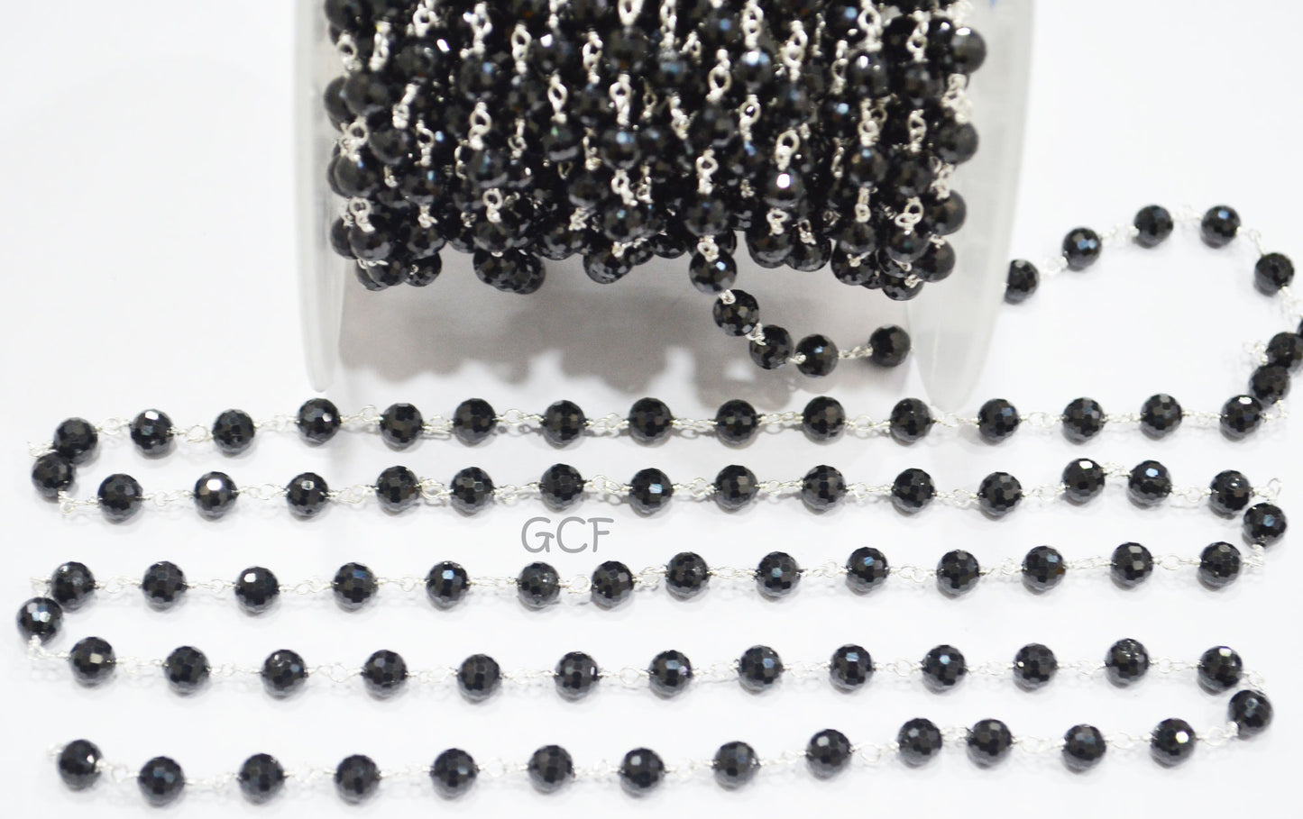 Black Spinel Rosary Beaded Chain , Black Spinel , Black Diamond Look Football Cutting Wire Wrapped Chain , 6 mm , RB-6988