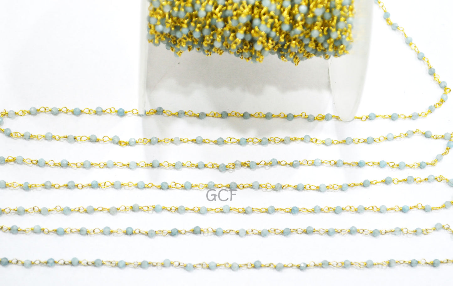 Milky Aquamarine Faceted Round Shape Rosary Beaded Chain , Milky Aquamarine Round Shape Wire Wrapped Chain , 2 mm , RB-6989