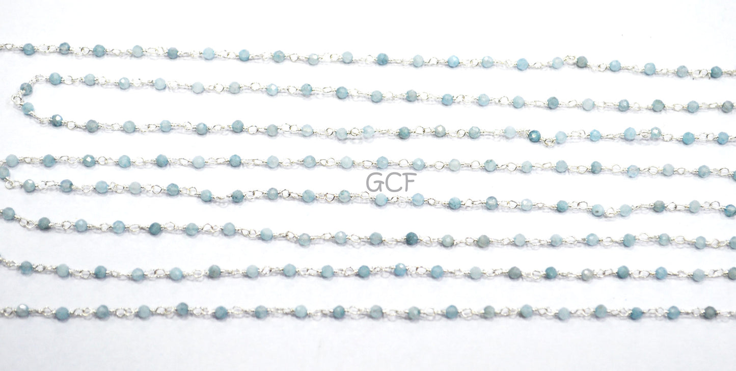 Milky Aquamarine Faceted Round Shape Rosary Beaded Chain , Milky Aquamarine Round Shape Wire Wrapped Chain , 2 mm , RB-6989
