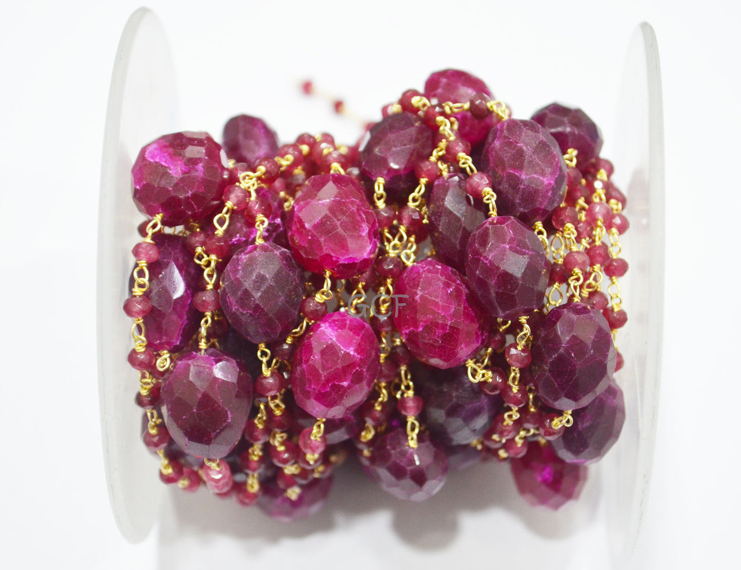 Ruby Jade Faceted Rondelle Shape Rosary Beaded Chain , Dyed Ruby Faceted Nuggets Wire Wrapped Chain , 4 mm , RB-6990