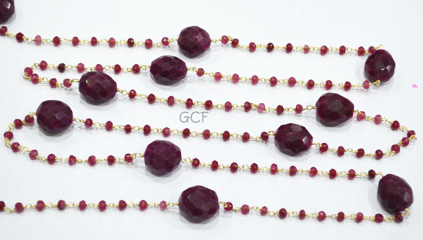 Ruby Jade Faceted Rondelle Shape Rosary Beaded Chain , Dyed Ruby Faceted Nuggets Wire Wrapped Chain , 4 mm , RB-6990