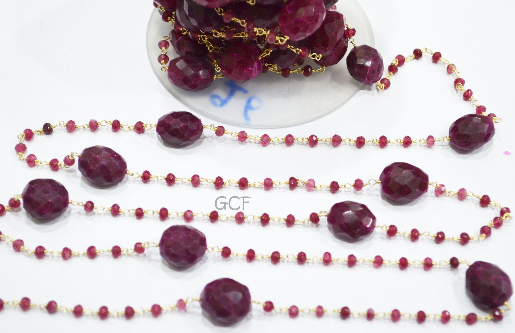 Ruby Jade Faceted Rondelle Shape Rosary Beaded Chain , Dyed Ruby Faceted Nuggets Wire Wrapped Chain , 4 mm , RB-6990