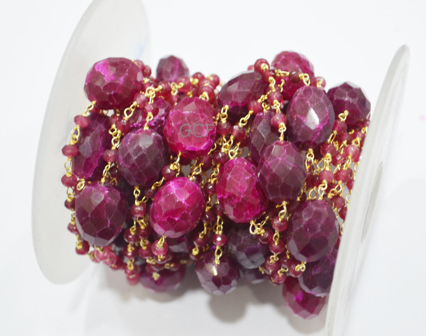 Ruby Jade Faceted Rondelle Shape Rosary Beaded Chain , Dyed Ruby Faceted Nuggets Wire Wrapped Chain , 4 mm , RB-6990
