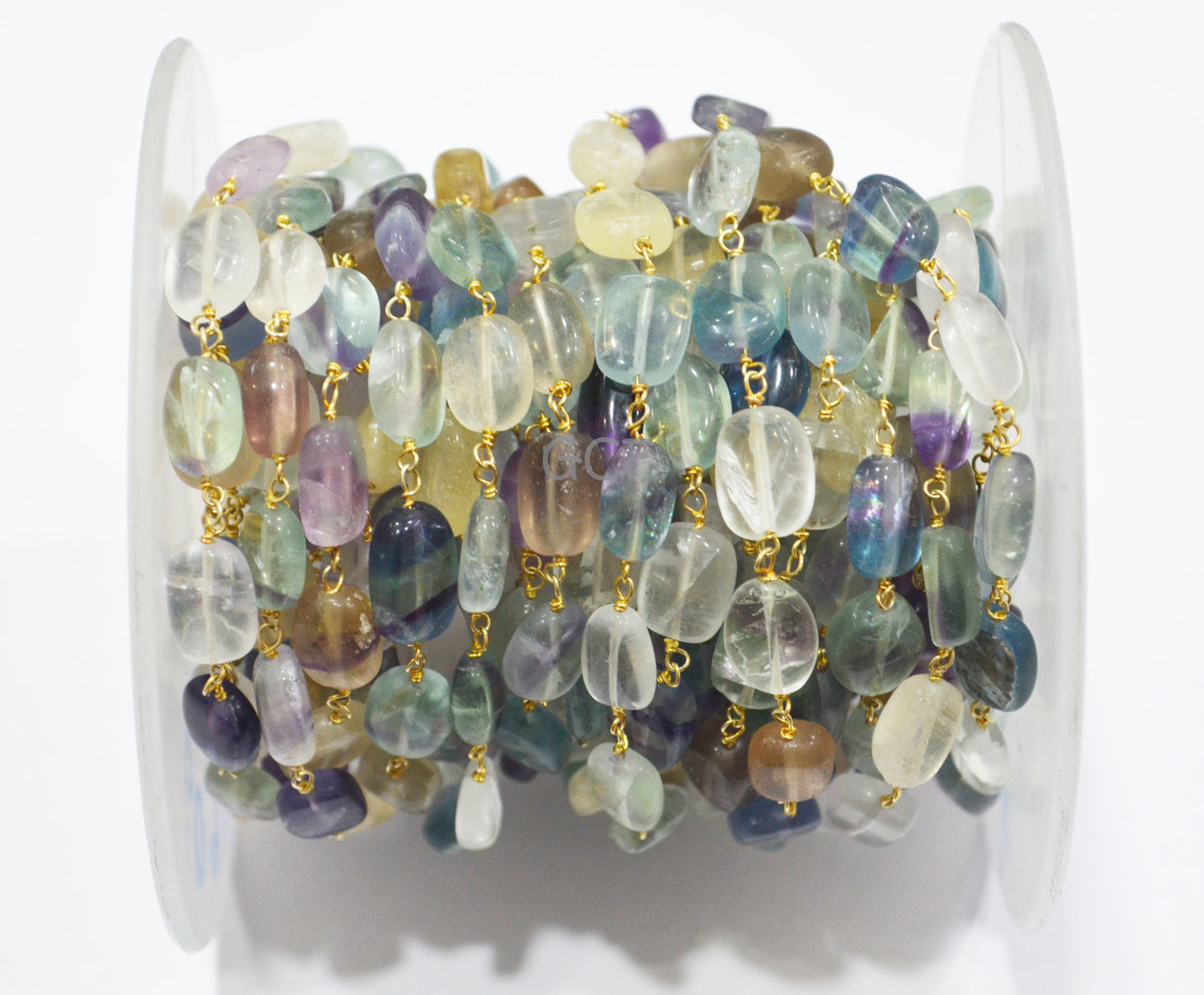 Multi Fluorite Oval Shape Nuggets Rosary Beaded Chain , Multi Fluorite Smooth Wire Wrapped Chain , 7x10 - 8x12 mm , RB-6991