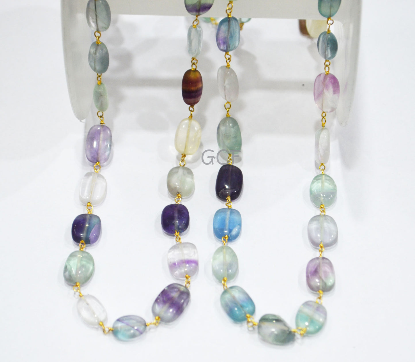 Multi Fluorite Oval Shape Nuggets Rosary Beaded Chain , Multi Fluorite Smooth Wire Wrapped Chain , 7x10 - 8x12 mm , RB-6991