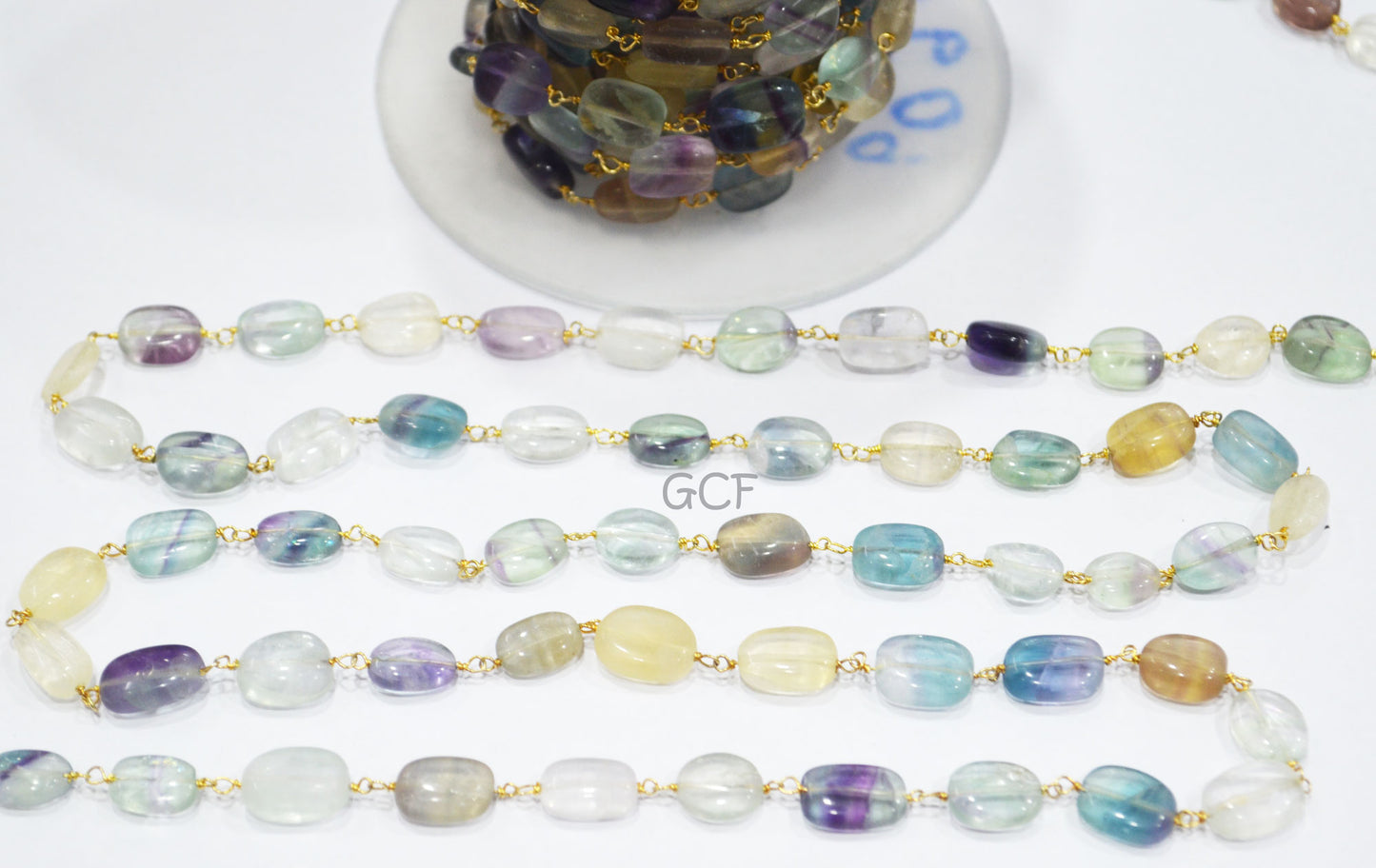 Multi Fluorite Oval Shape Nuggets Rosary Beaded Chain , Multi Fluorite Smooth Wire Wrapped Chain , 7x10 - 8x12 mm , RB-6991