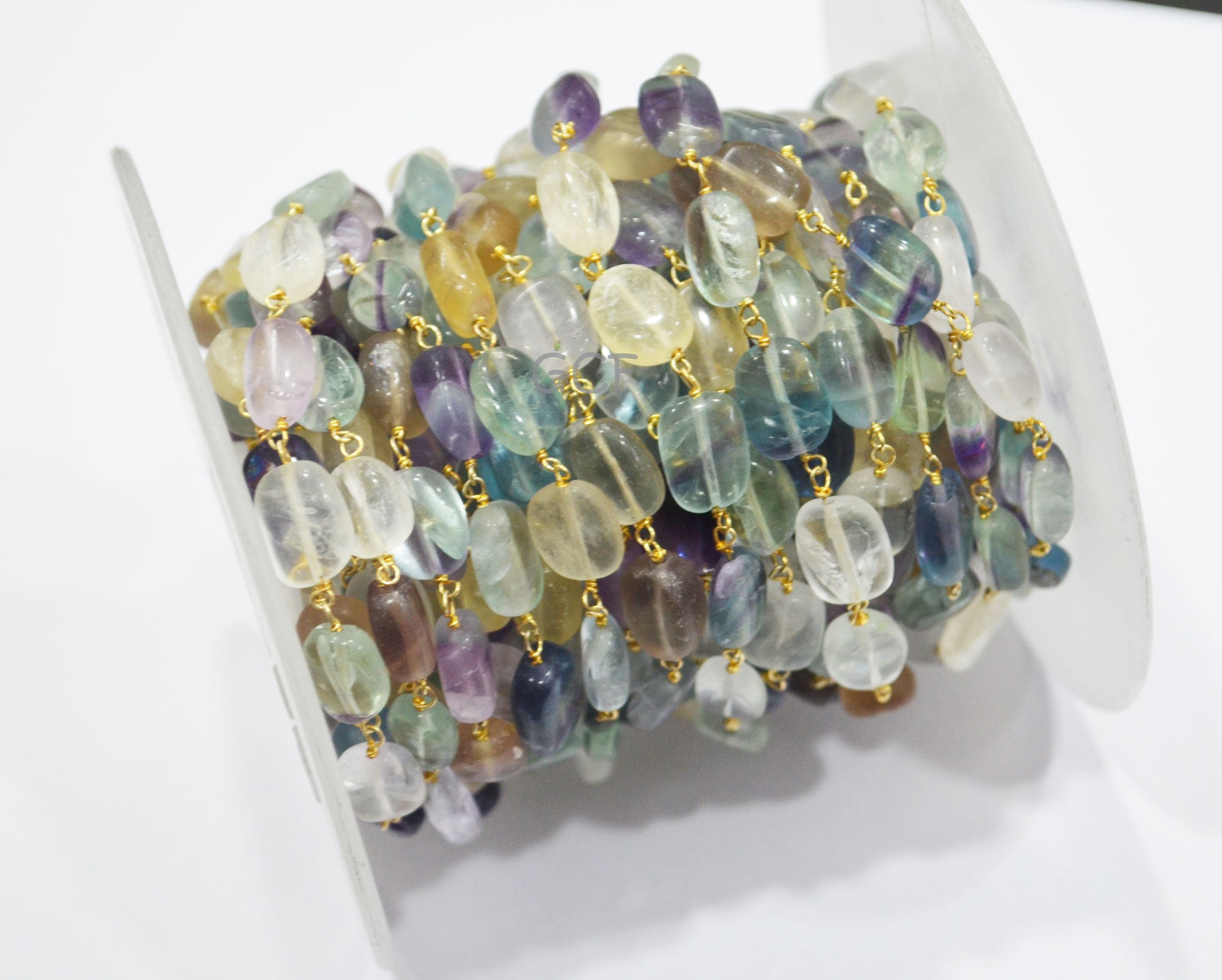 Multi Fluorite Oval Shape Nuggets Rosary Beaded Chain , Multi Fluorite Smooth Wire Wrapped Chain , 7x10 - 8x12 mm , RB-6991