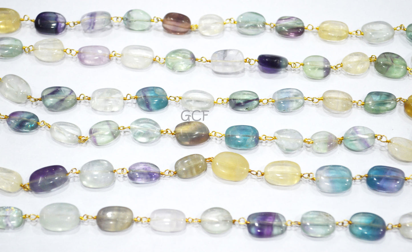 Multi Fluorite Oval Shape Nuggets Rosary Beaded Chain , Multi Fluorite Smooth Wire Wrapped Chain , 7x10 - 8x12 mm , RB-6991
