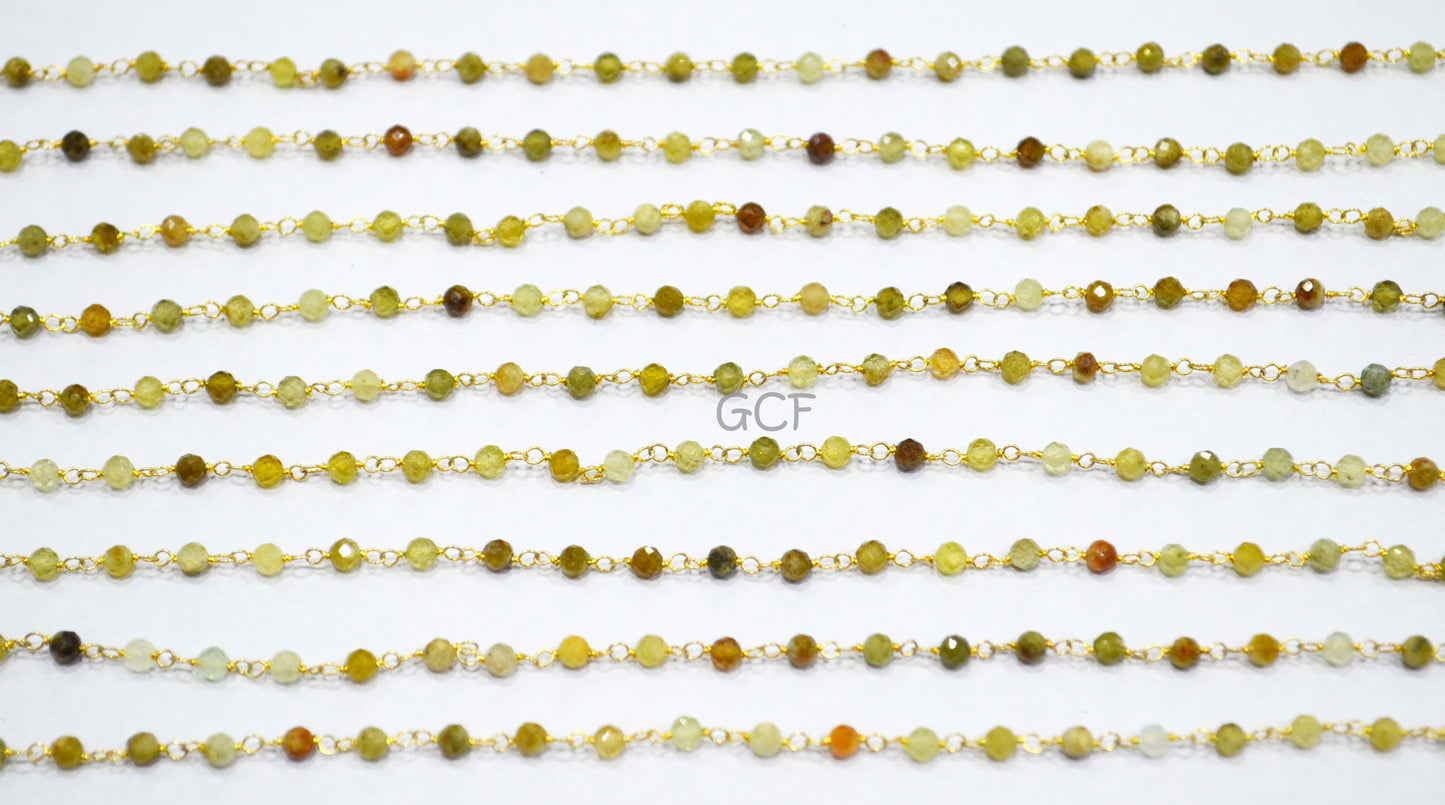 Grossular Garnet Faceted Round Shape Rosary Beaded Chain , Grossular Garnet Round Shape Wire Wrapped Chain , 3 mm , RB-6992