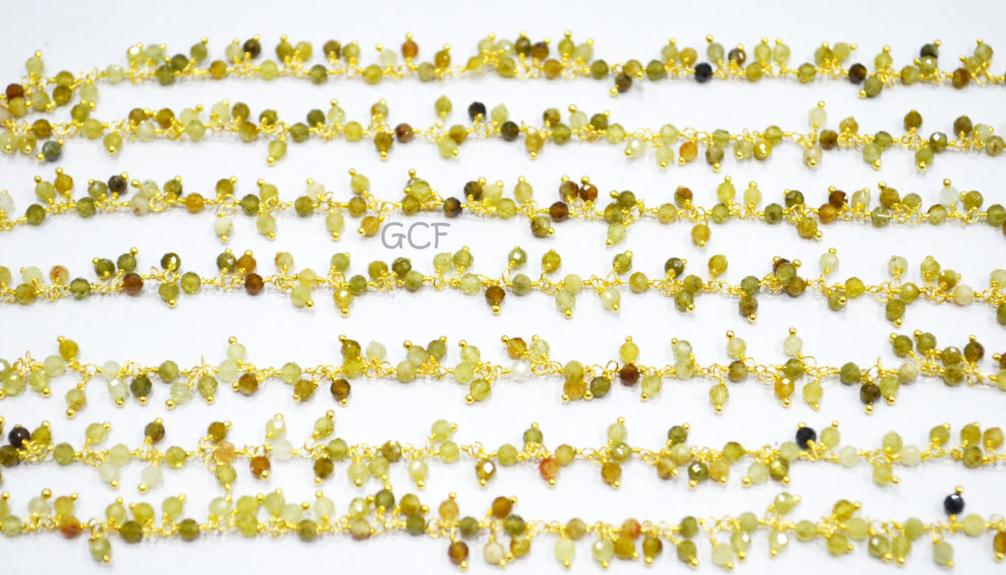 Grossular Garnet Faceted Round Shape Cluster Chain , Grossular Garnet Round Shape Dangling Chain , 3 mm , RB-6994