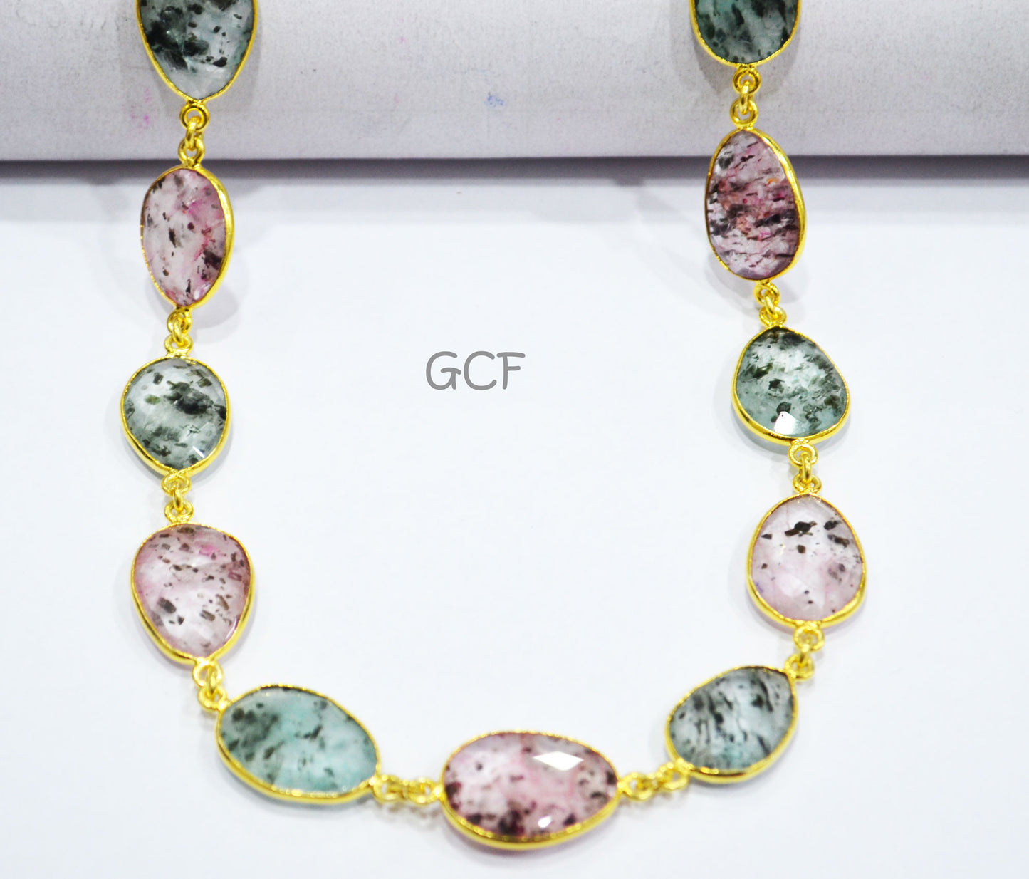 Strawberry Dot Rutile Faceted Slice Shape Connector Chain , Strawberry Dot Rutile Bezel Link Chain , 14 - 17 mm , RB-6996