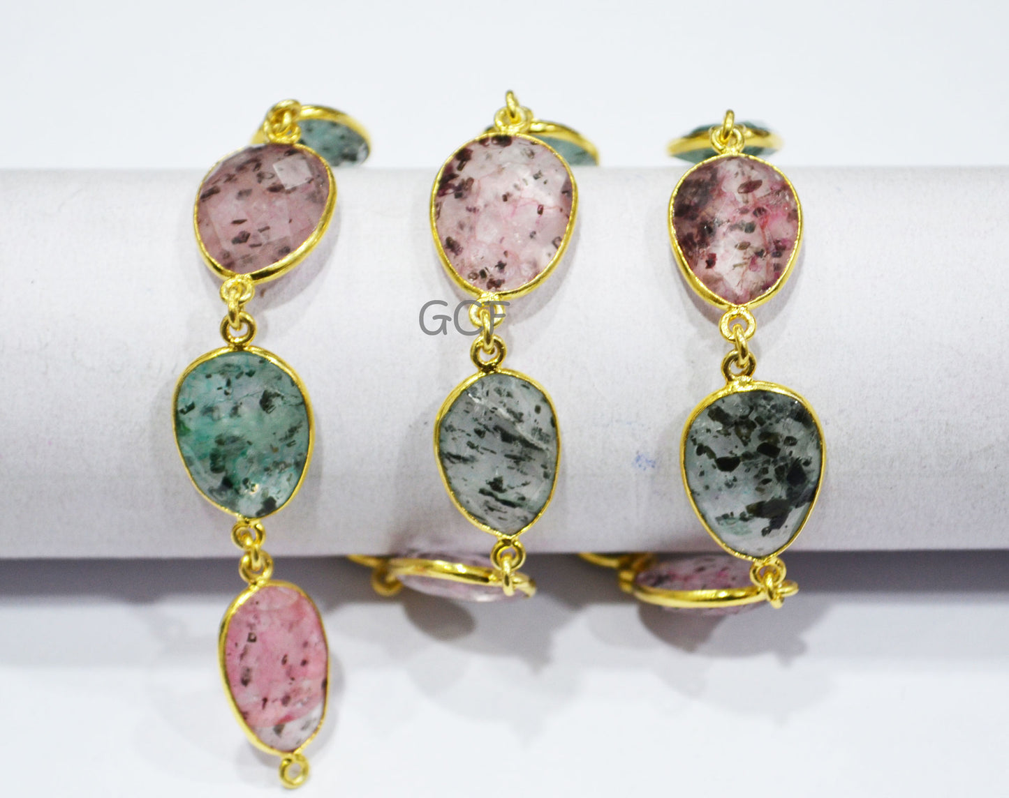 Strawberry Dot Rutile Faceted Slice Shape Connector Chain , Strawberry Dot Rutile Bezel Link Chain , 14 - 17 mm , RB-6996