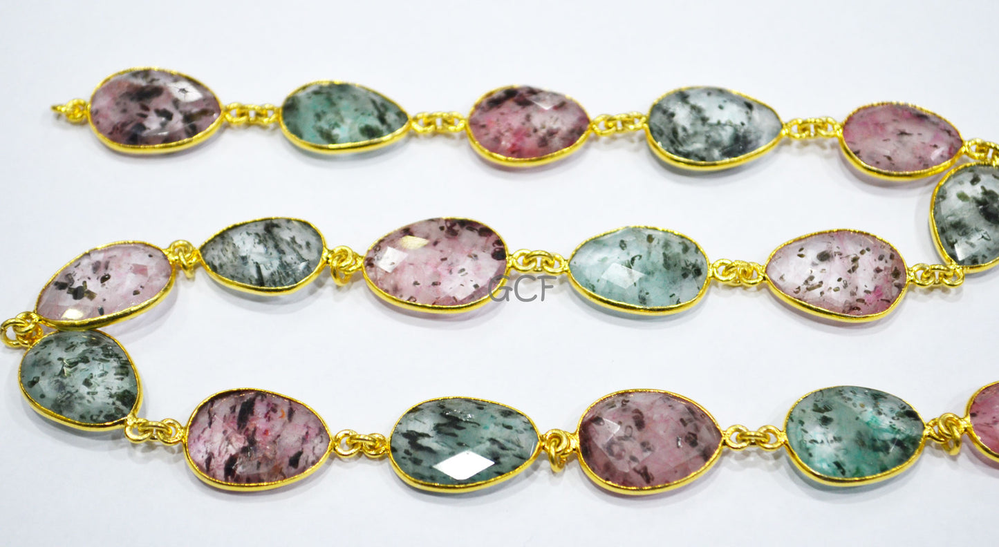 Strawberry Dot Rutile Faceted Slice Shape Connector Chain , Strawberry Dot Rutile Bezel Link Chain , 14 - 17 mm , RB-6996