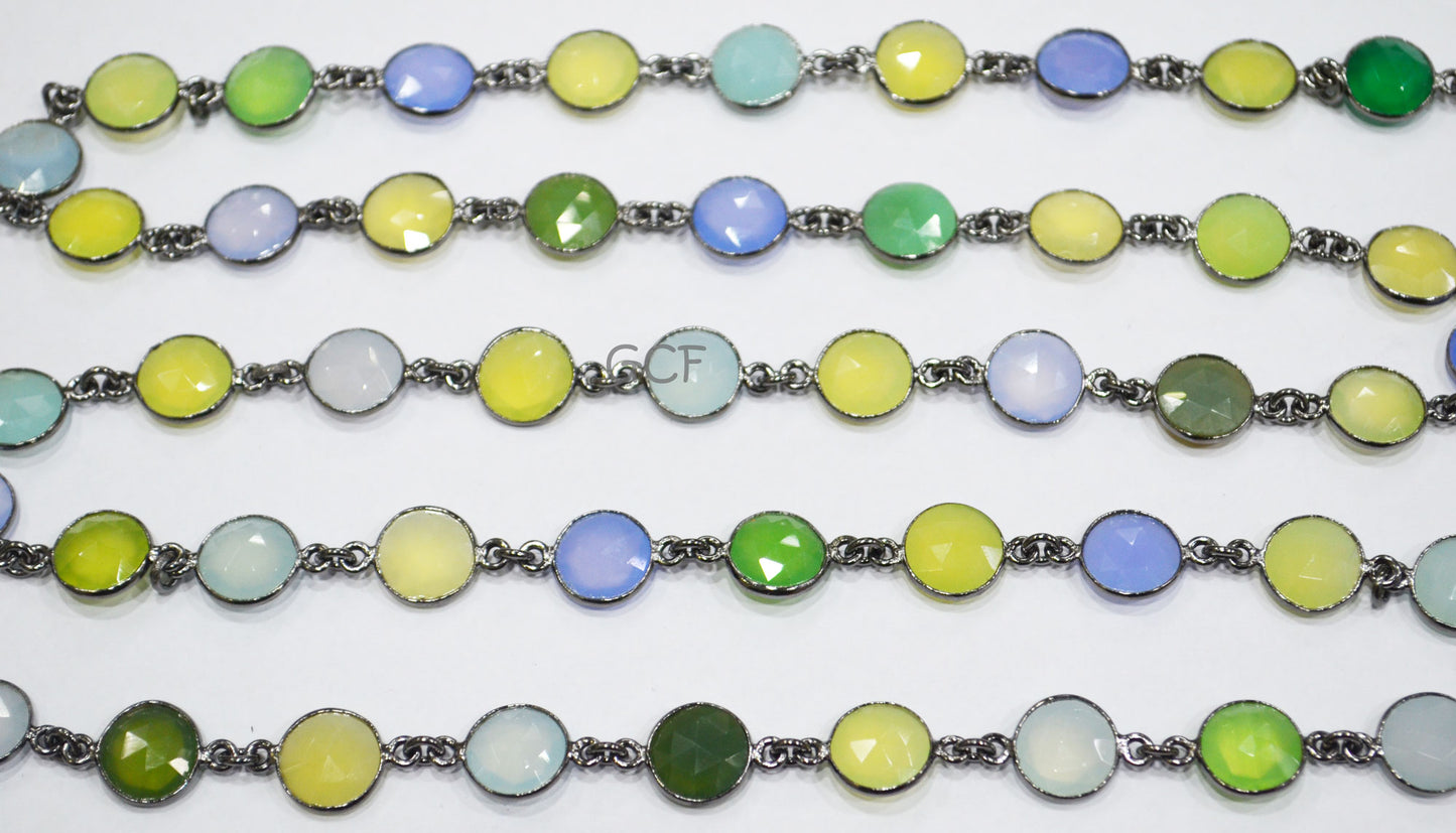 Multi Color Chalcedony Faceted Coin Shape Connector Chain , Multi Color Chalcedony Coin Shape Bezel Link Chain , 10 mm , 6997