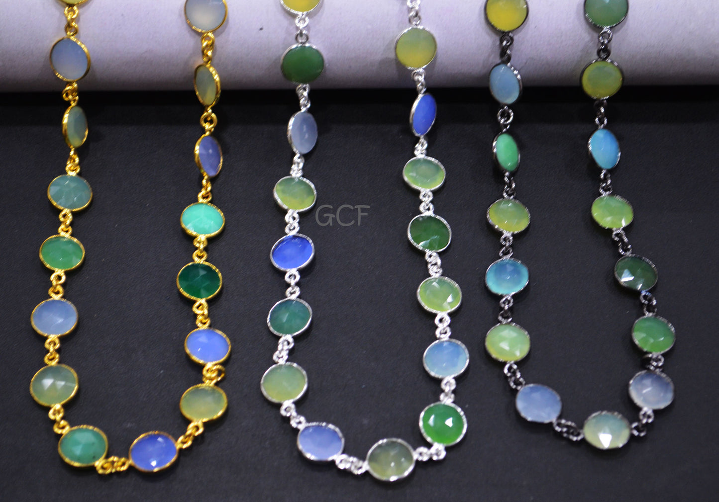 Multi Color Chalcedony Faceted Coin Shape Connector Chain , Multi Color Chalcedony Coin Shape Bezel Link Chain , 10 mm , 6997