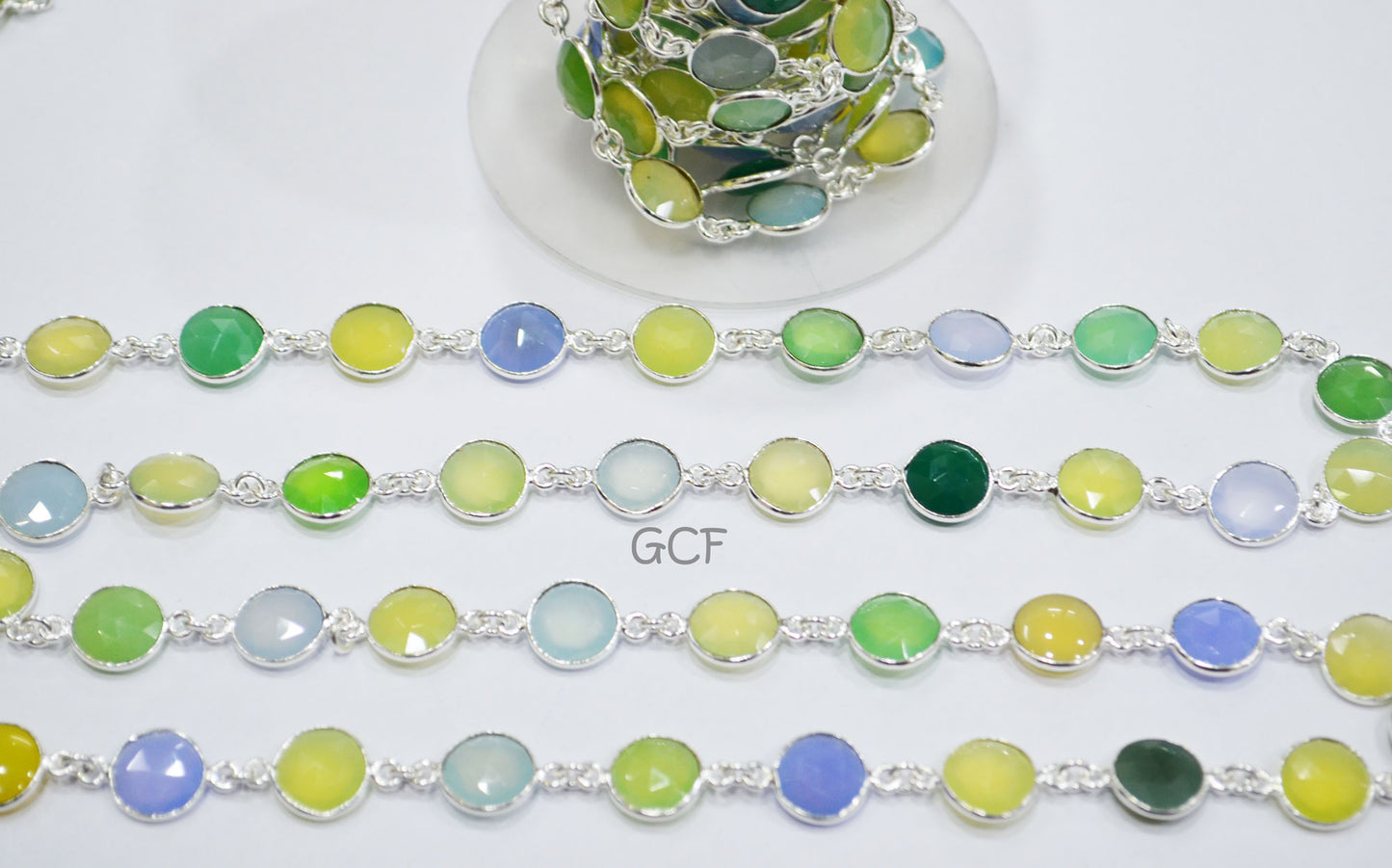 Multi Color Chalcedony Faceted Coin Shape Connector Chain , Multi Color Chalcedony Coin Shape Bezel Link Chain , 10 mm , 6997