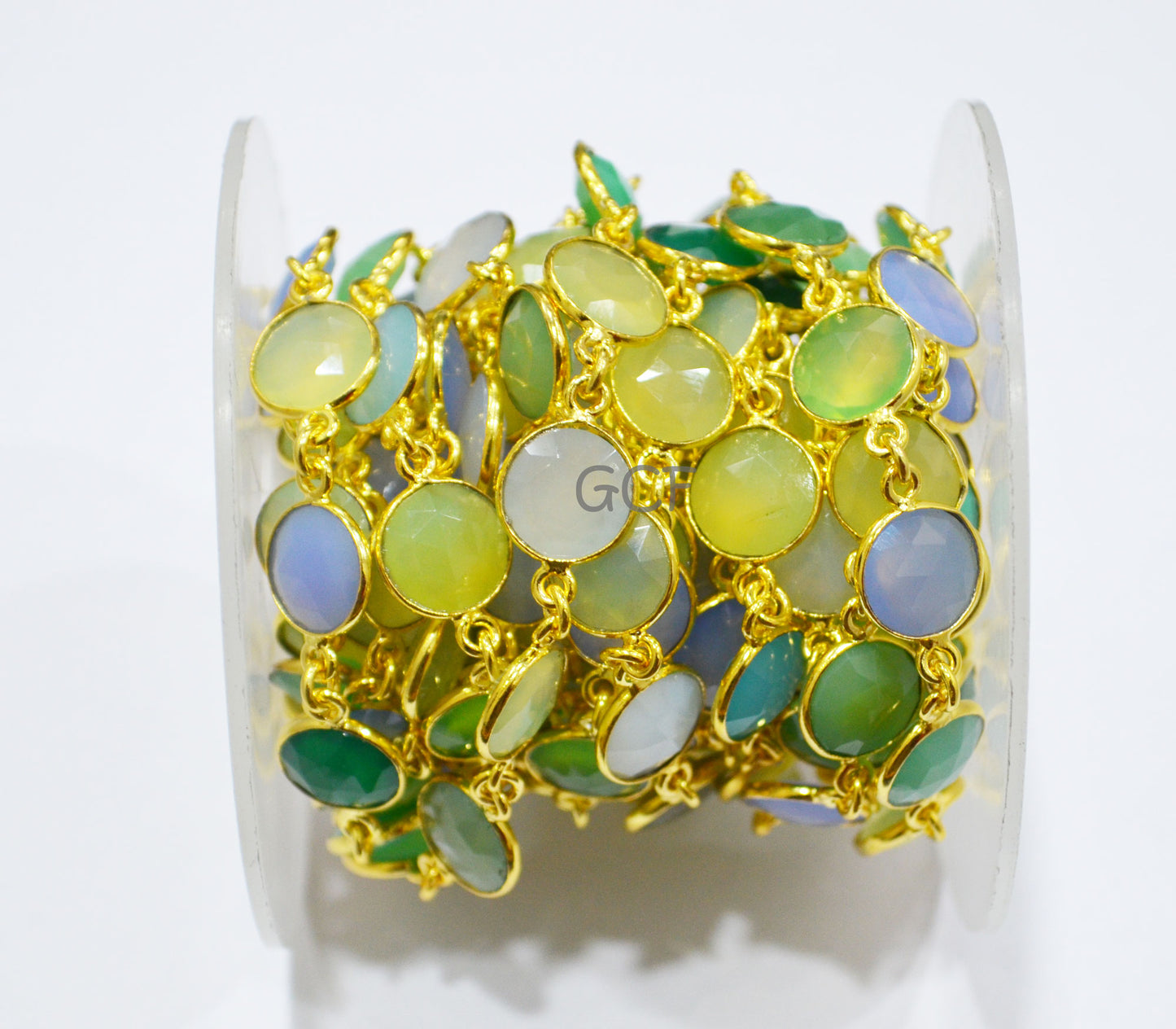 Multi Color Chalcedony Faceted Coin Shape Connector Chain , Multi Color Chalcedony Coin Shape Bezel Link Chain , 10 mm , 6997