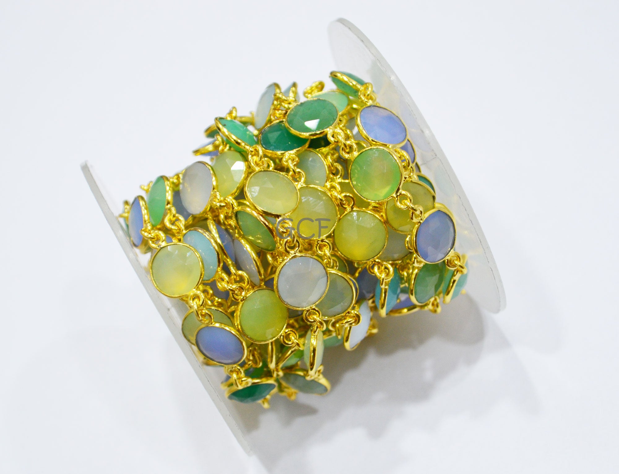 Multi Color Chalcedony Faceted Coin Shape Connector Chain , Multi Color Chalcedony Coin Shape Bezel Link Chain , 10 mm , 6997