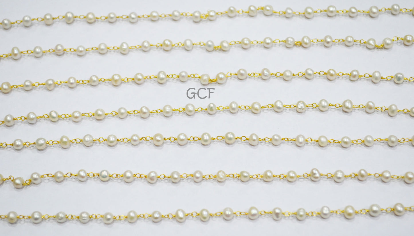 Natural Fresh Water Pearl Smooth Rondelle Shape Rosary Beaded Chain , Fresh Water Pearl Wire Wrapped Chain , 4 mm , RB-7001