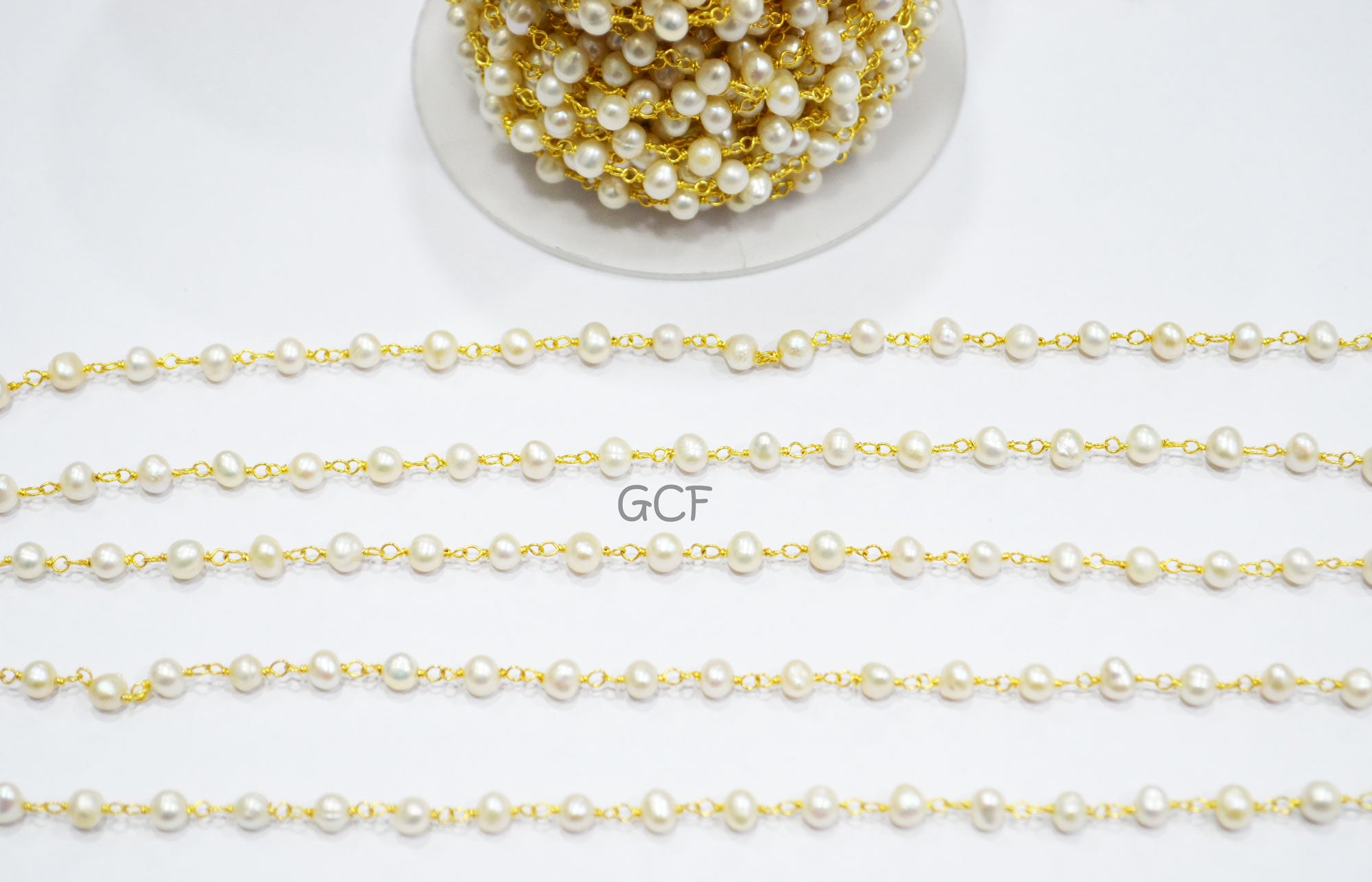 Natural Fresh Water Pearl Smooth Rondelle Shape Rosary Beaded Chain , Fresh Water Pearl Wire Wrapped Chain , 4 mm , RB-7001