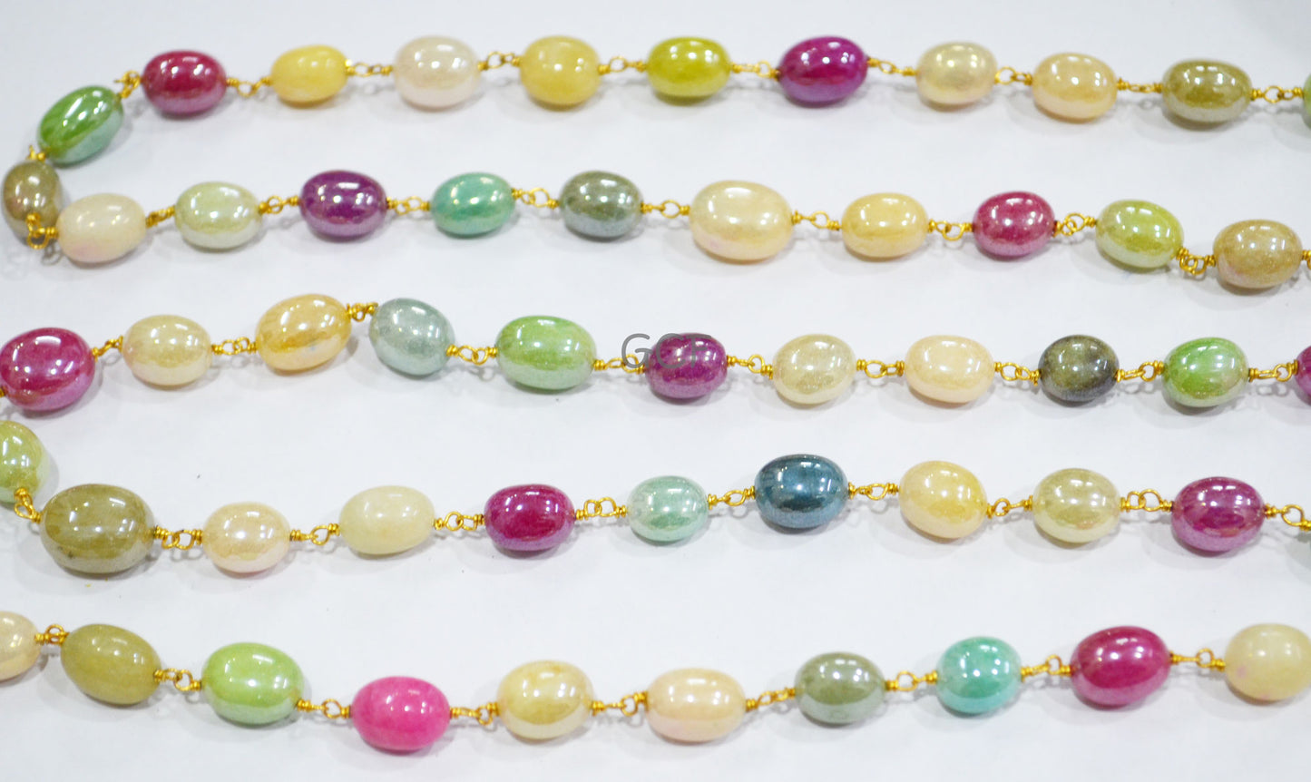 Mystic Multi Natural Quartz Oval Shape Rosary Chain , Dyed Natural Quartz Smooth Wire Wrapped Chain , 7x10 - 8x12 mm , 7003