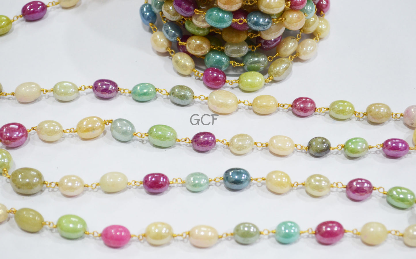 Mystic Multi Natural Quartz Oval Shape Rosary Chain , Dyed Natural Quartz Smooth Wire Wrapped Chain , 7x10 - 8x12 mm , 7003