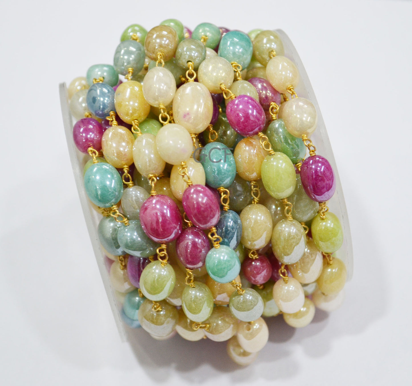 Mystic Multi Natural Quartz Oval Shape Rosary Chain , Dyed Natural Quartz Smooth Wire Wrapped Chain , 7x10 - 8x12 mm , 7003