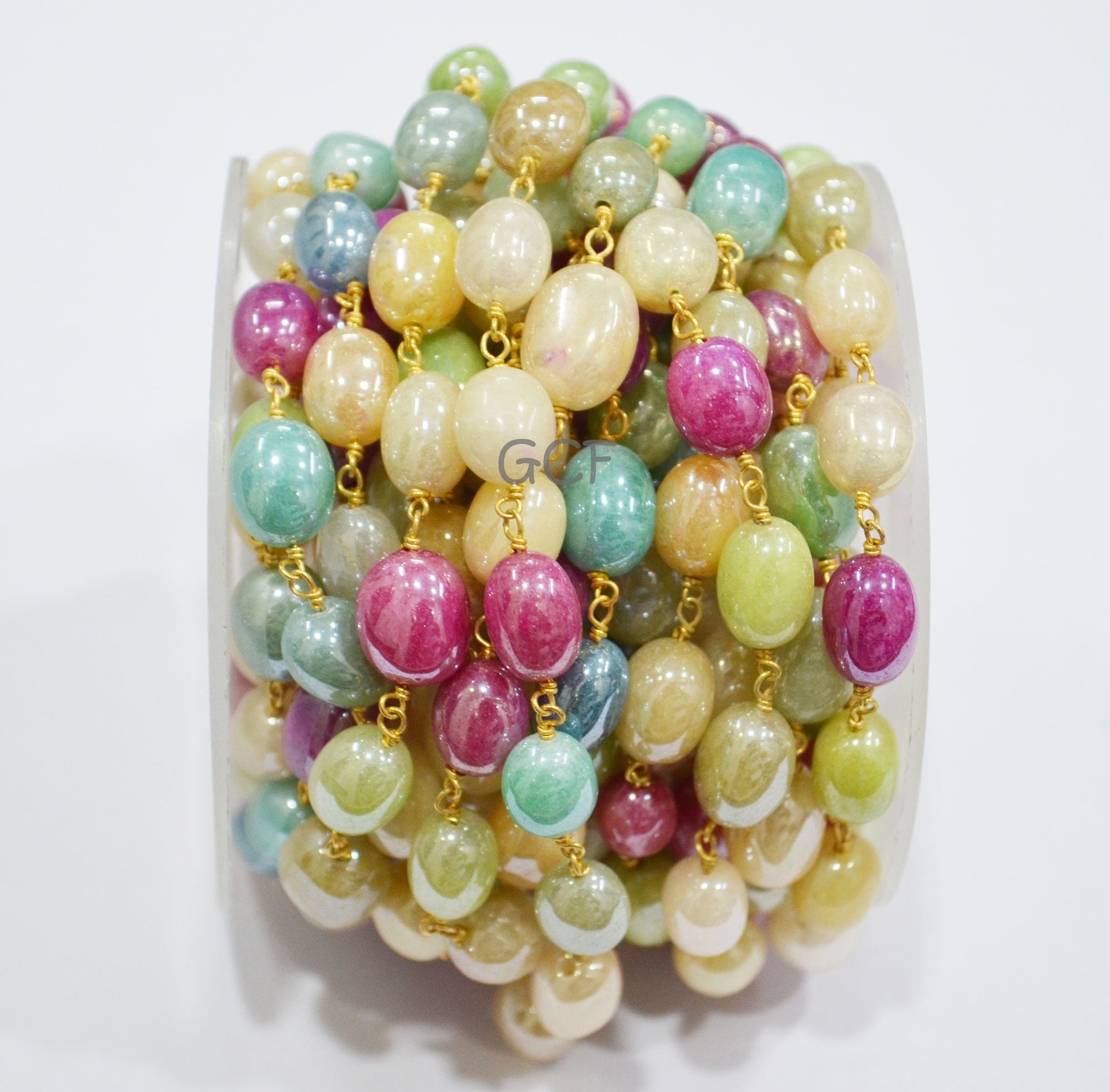 Mystic Multi Natural Quartz Oval Shape Rosary Chain , Dyed Natural Quartz Smooth Wire Wrapped Chain , 7x10 - 8x12 mm , 7003