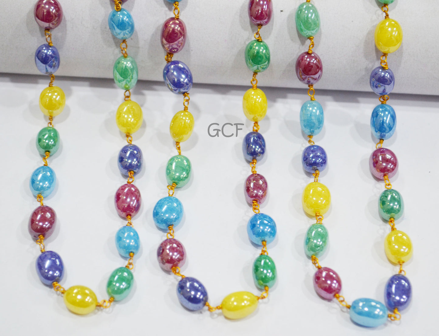 Mystic Multi Natural Quartz Oval Shape Rosary Chain , Dyed Natural Quartz Smooth Wire Wrapped Chain , 8x9 - 9x12 mm , 7004