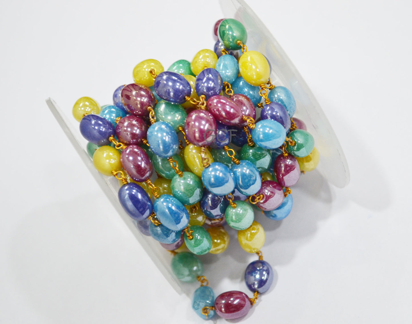 Mystic Multi Natural Quartz Oval Shape Rosary Chain , Dyed Natural Quartz Smooth Wire Wrapped Chain , 8x9 - 9x12 mm , 7004