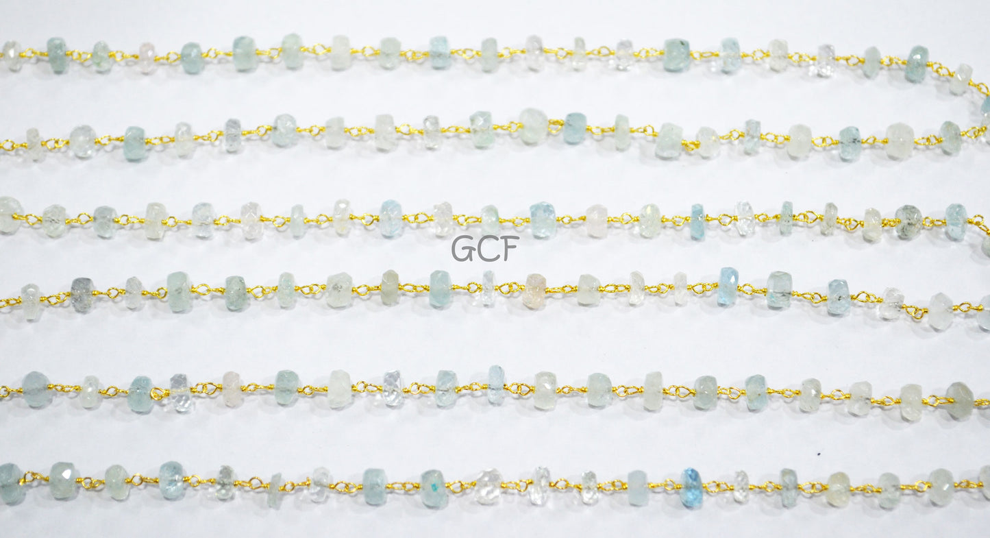 Natural Aquamarine Rondelle Rosary Beaded Chain , Aquamarine Faceted Rondelle Shape Wire Wrapped Chain , 5 - 5.50 mm ,RB-7005